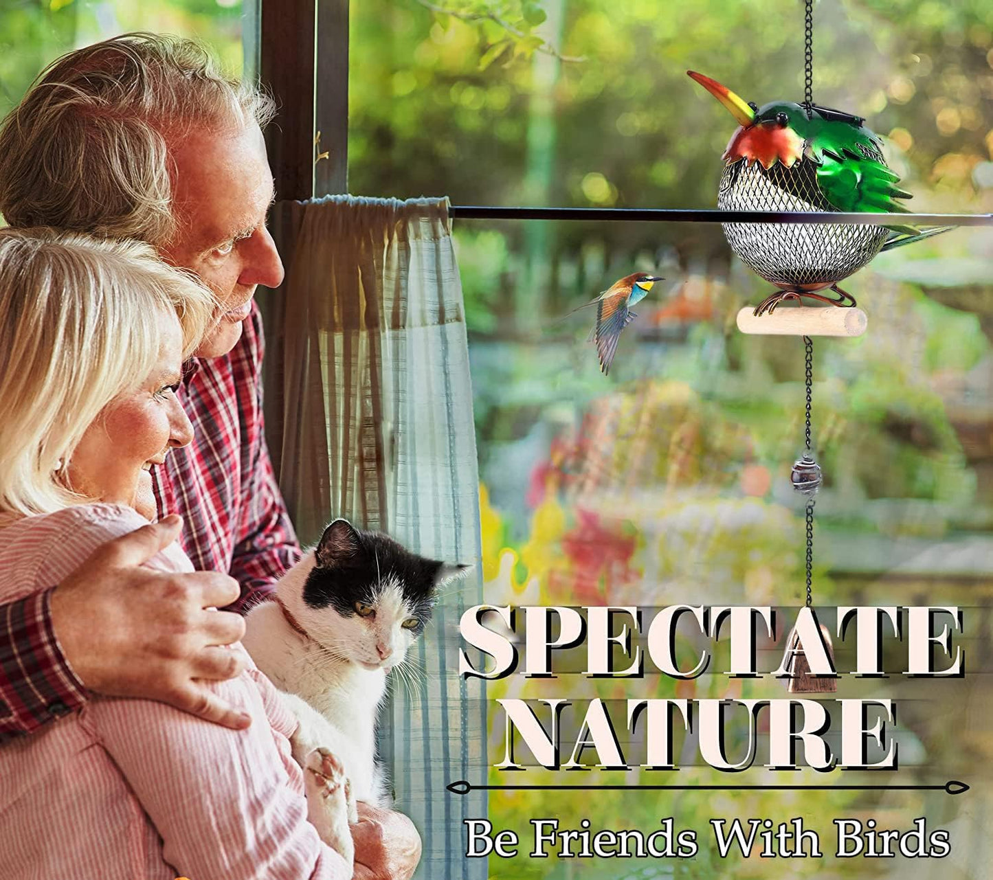 Solar Wild Bird Feeder Squirrel Proof for Outside - Unique Cute Metal Animal Shaped Bird Feeder with Solar Light, Wind Chime, Gift for Bird Lovers(Hummingbird)