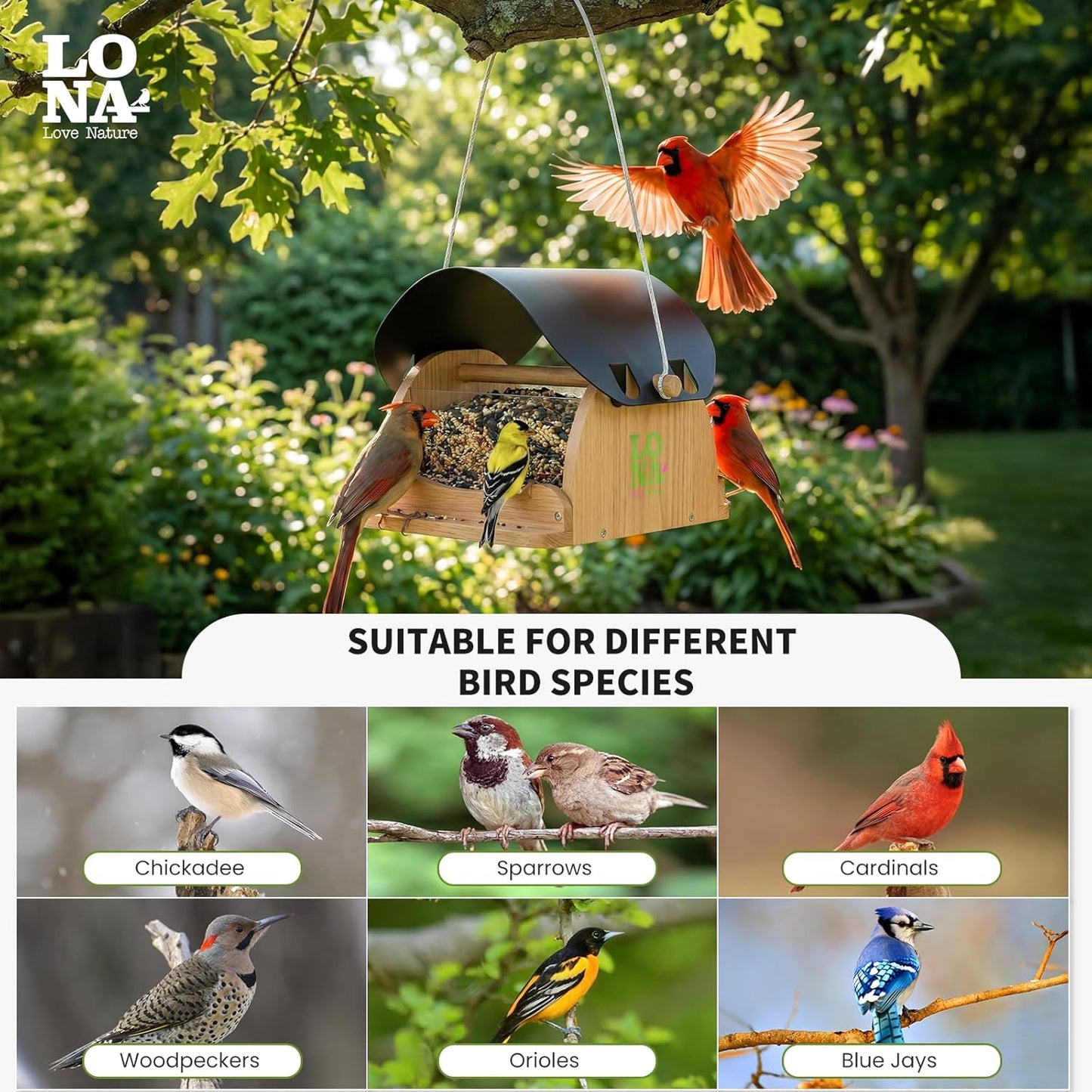LONA Wooden Bird Feeder for Outdoors Hanging, Large Capacity Hopper with Weatherproof Roof Birdfeeder for Feeding Outside Garden Wild Birds Cardinals Finches Robin Sparrow Blue Jay Chickadees