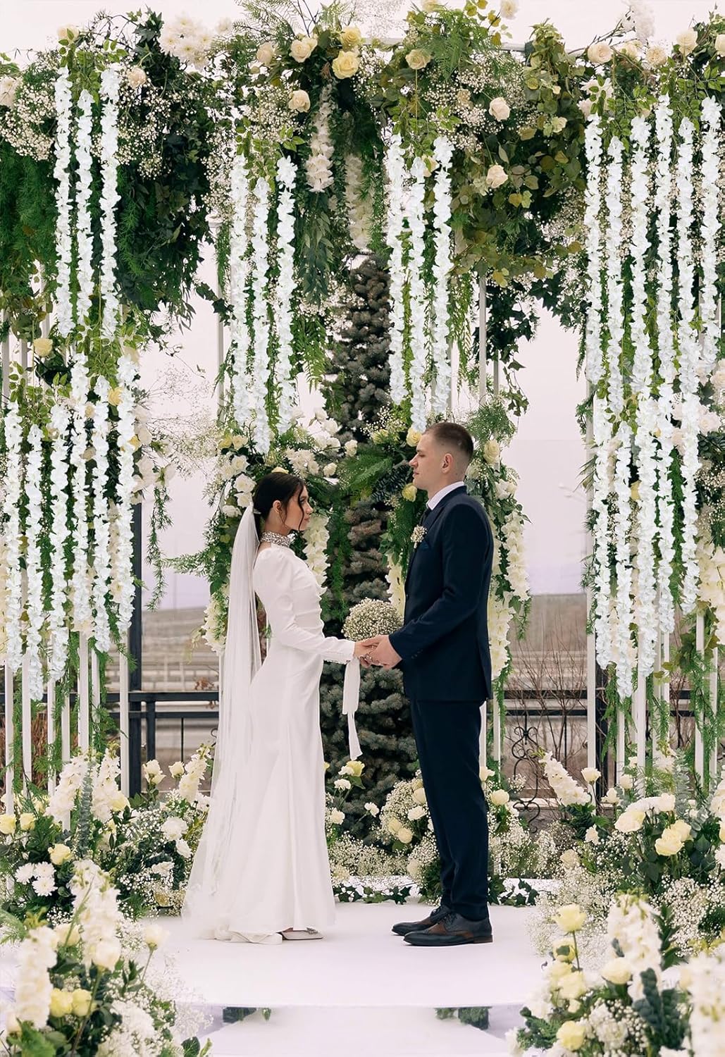 IPOPU White Wisteria Hanging Flowers Garland 6.4FT Wisteria Garland Hanging Flowers for Decoration for Wedding Arch, Backdrop, Garden Party Decor, 3 PCS (White)