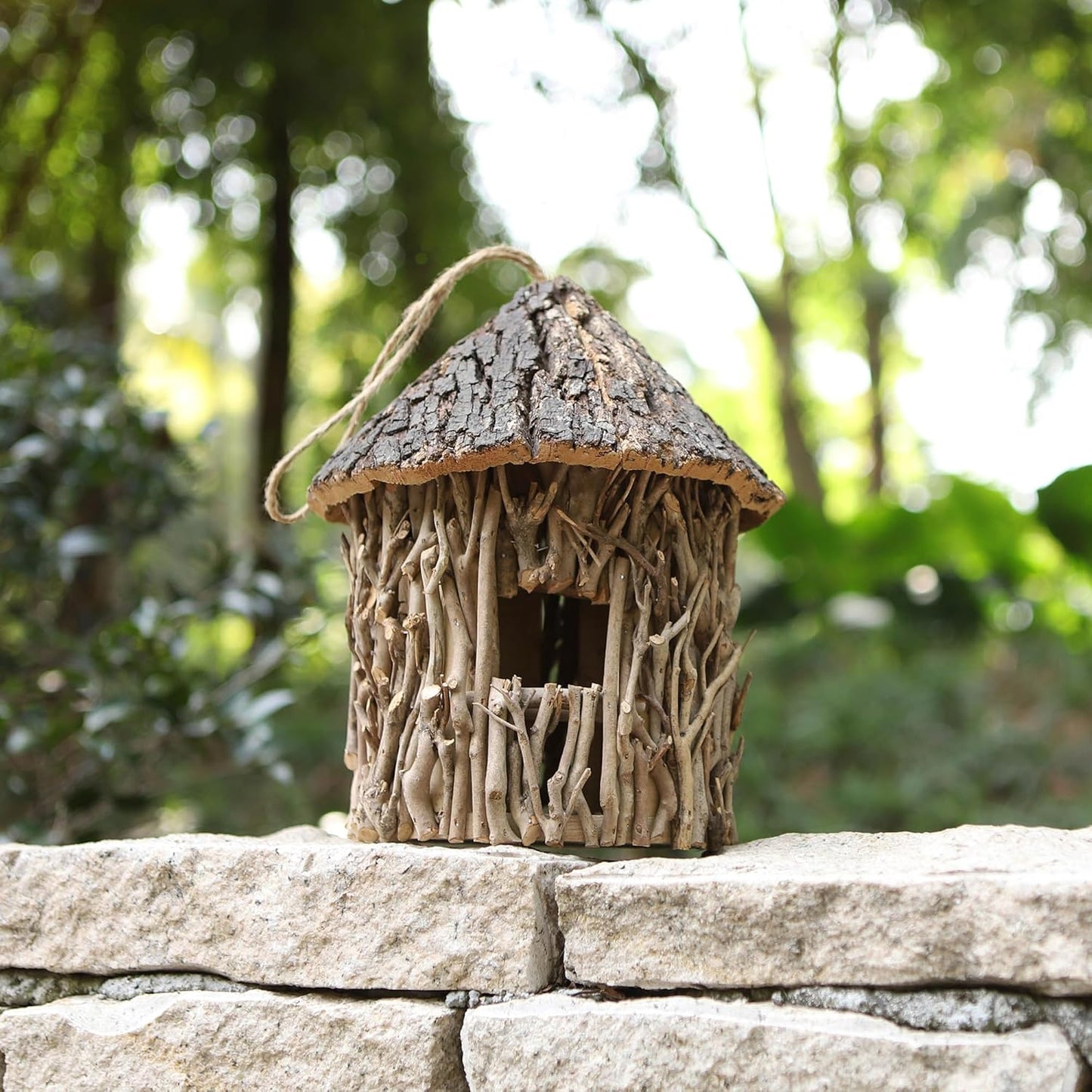 Twig-Covered Cylinder Birdhouse Squirrel House, 2.4" Entry for Medium Birds, Natural Branch Exterior & Waterproof Interior, Woodland Garden Backyard Decor