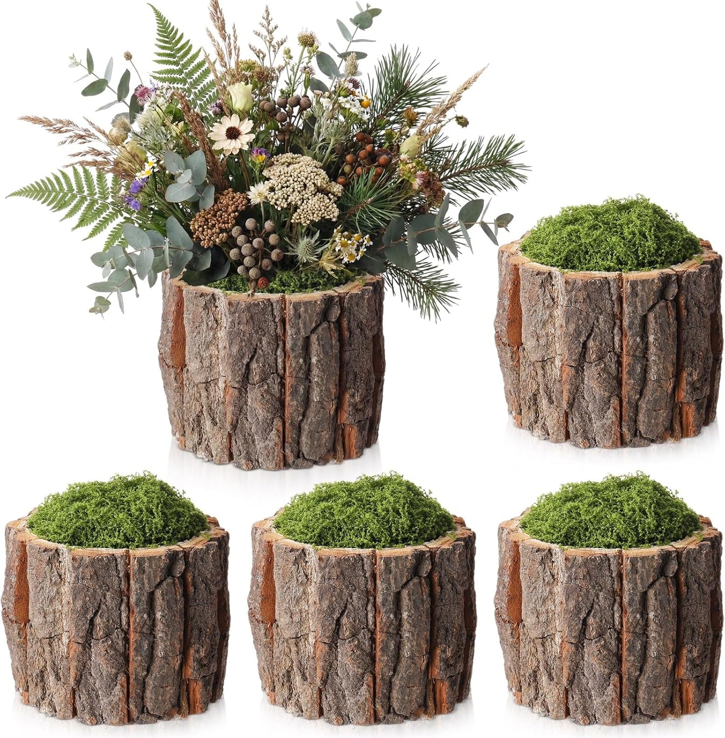 4 Set Wooden Vase for Centerpieces Wedding Flower Table Centerpieces Decor Rustic Bark Stump Bucket Farmhouse Wood Planter Pot for Woodland Party Window Home (Fake Green Moss,Large)