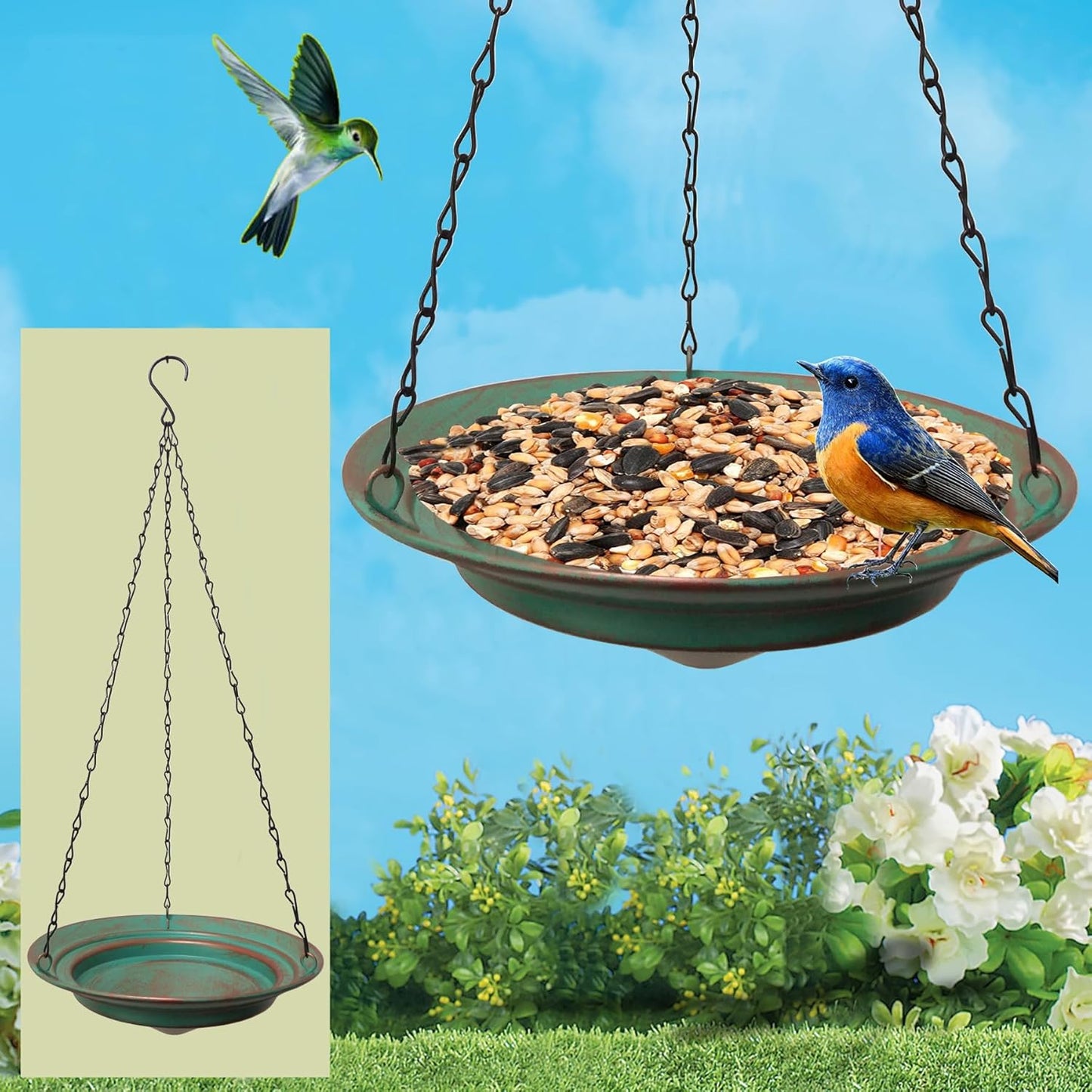 2PCS metal birdfeeder hanging for outside, bird seed platform for garden patio backyard decorative, flower bird feeder ornament