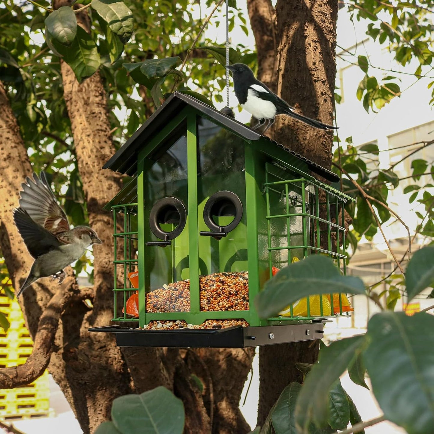 Decorative Outdoor Bird Feeders Squirrels Proof Double Roof Metal Bird