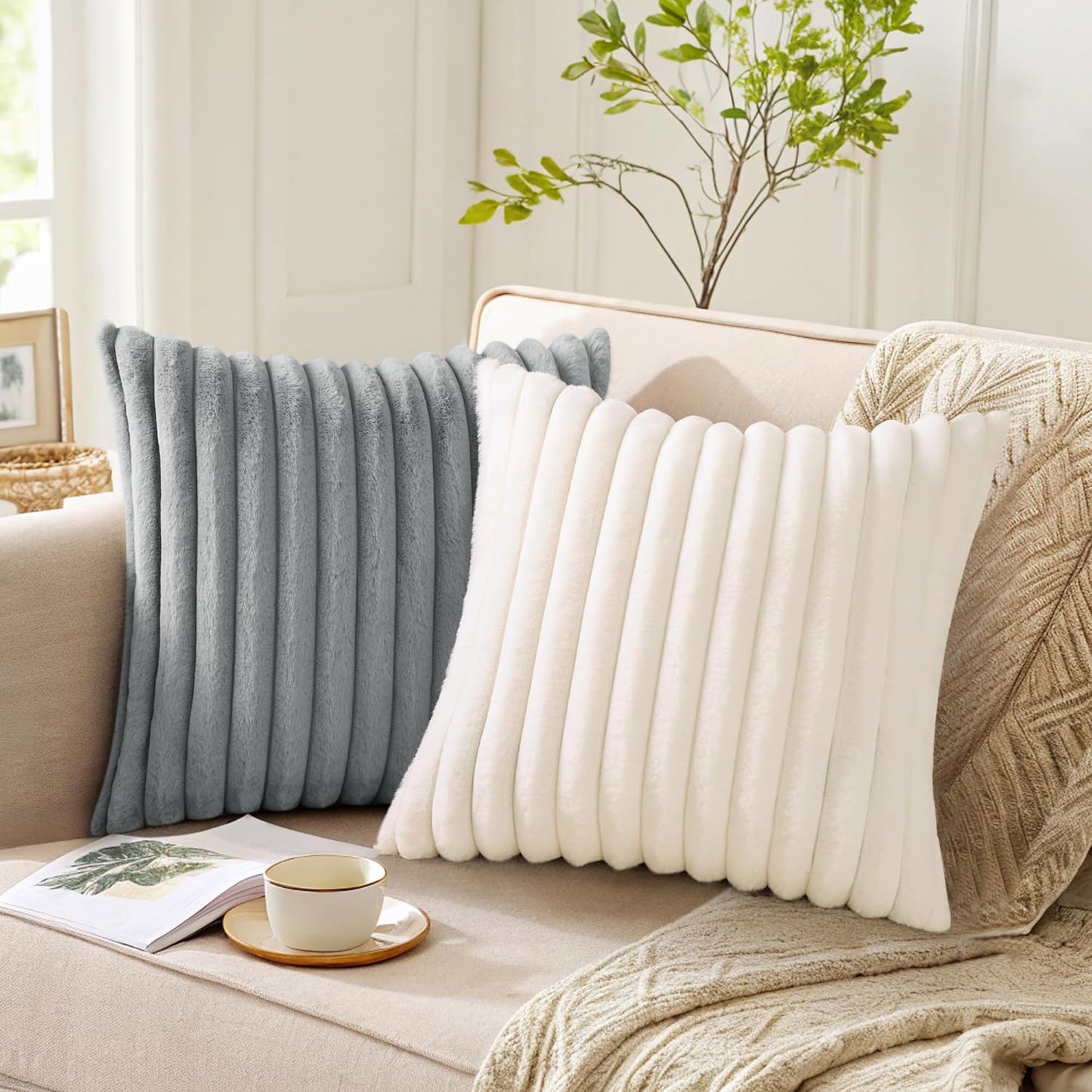 Pallene Faux Fur Plush Spring Throw Pillow Covers 18x18 Set of 2, Luxury Soft Fluffy Striped Decorative Pillow Covers for Sofa, Couch, Living Room, Cream White