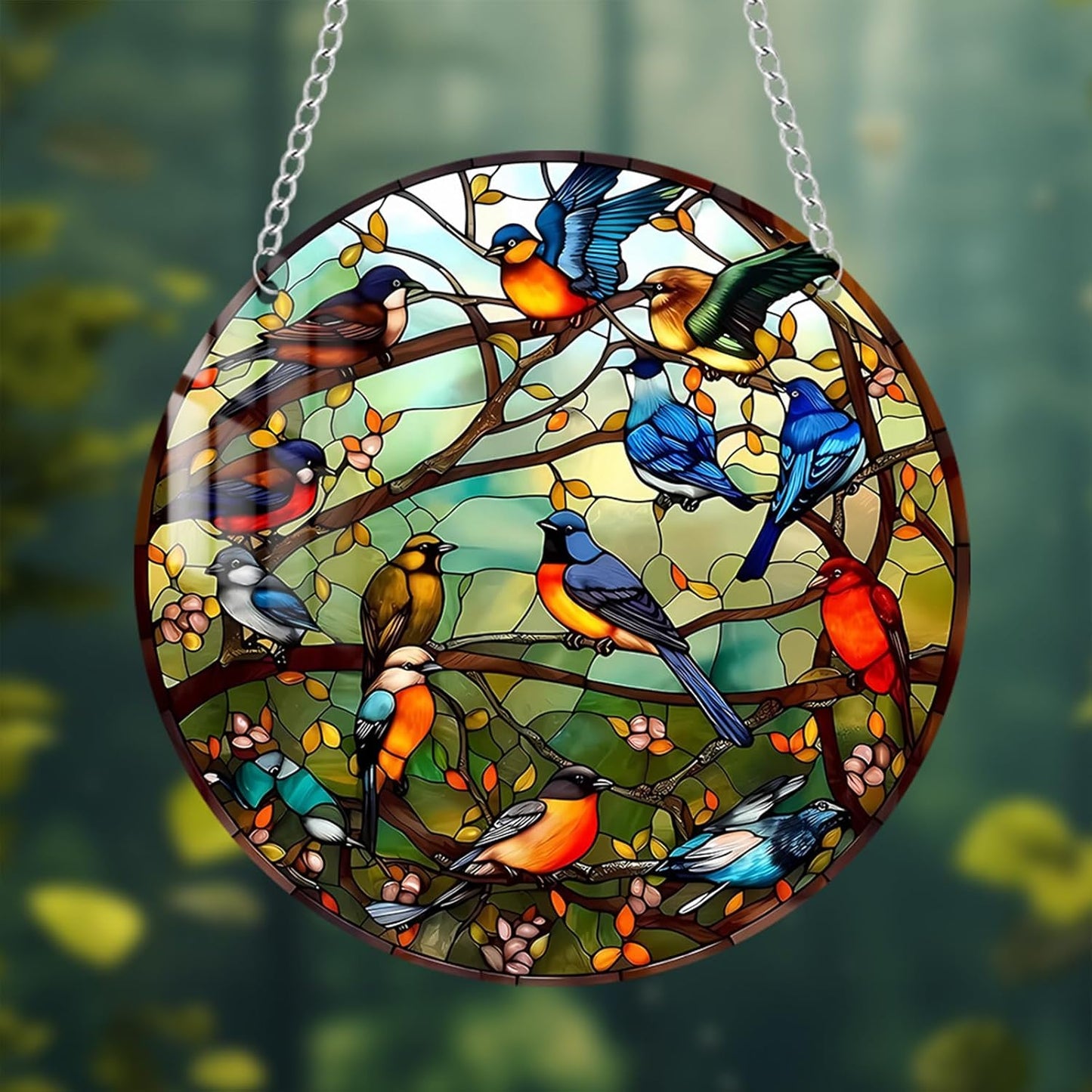 Stained Glass Window Hanging Suncatcher – Paint Cardinal & Hummingbird Panel, Round Glass Ornament, Birds on a Branch Nature Decor, Colorful Gift for Bird Lovers, Family, and Friends 5.9x5.9 in