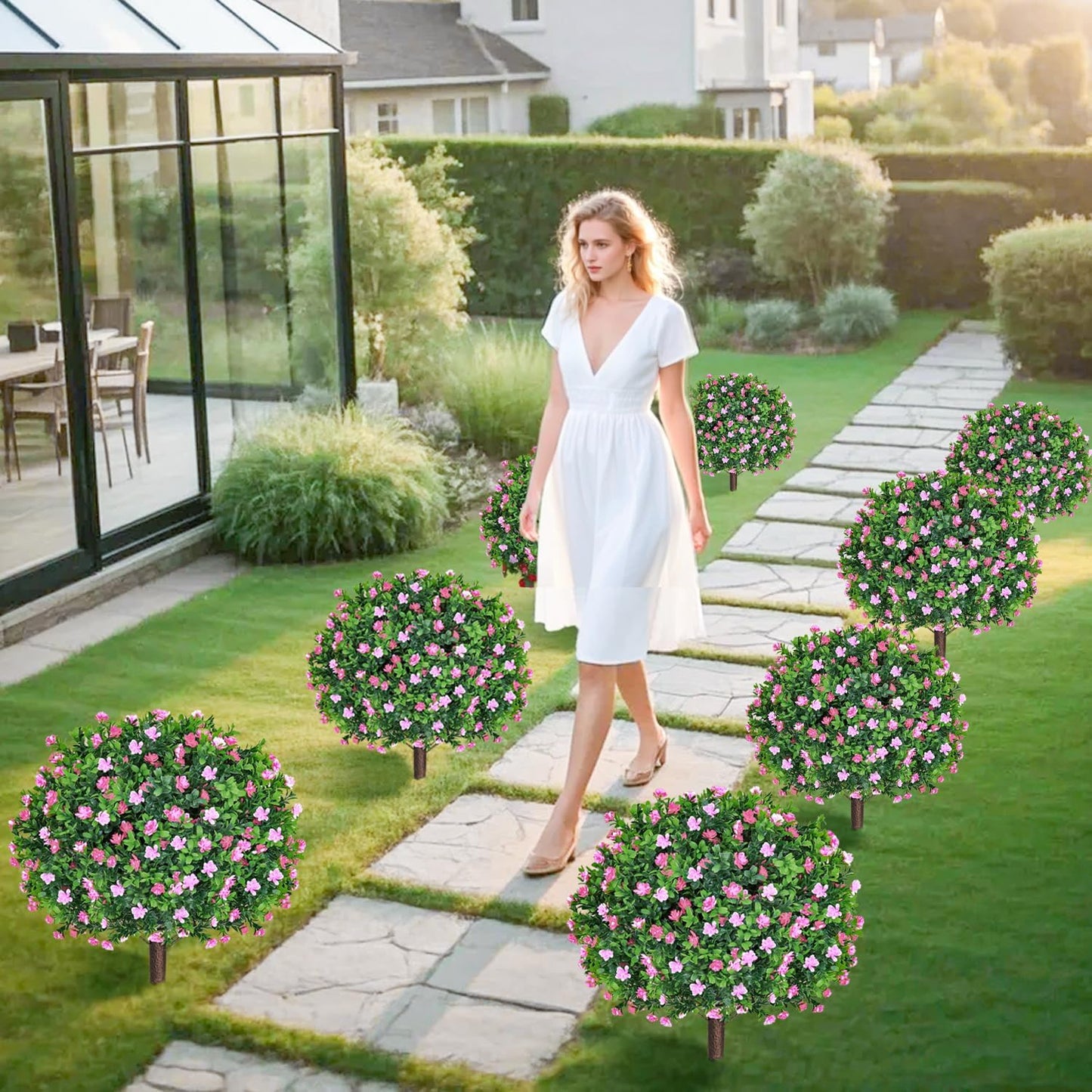 Set of 2 Artificial Boxwood Topiary Ball Trees with Pink Flowers Fake Bushes Plants Outdoor Boxwood Ball with Ground Spike 25.5 Inch UV Resistant Faux Greenery Shrubs for Porch Garden Decor