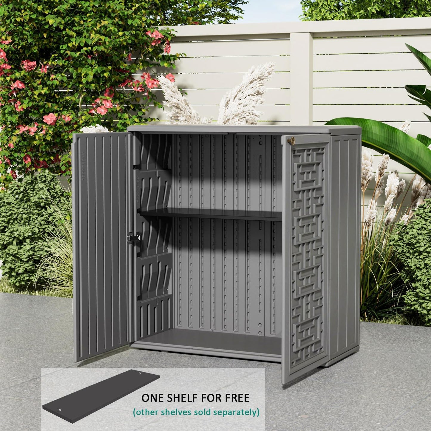KINYING Outdoor Storage Cabinet Waterproof, Resin 62 Gallon Deck Box for Patio Furniture Cushions, Garden Tools, Pool Tools and Kids’ Toys (Grey with 1 Shelving)
