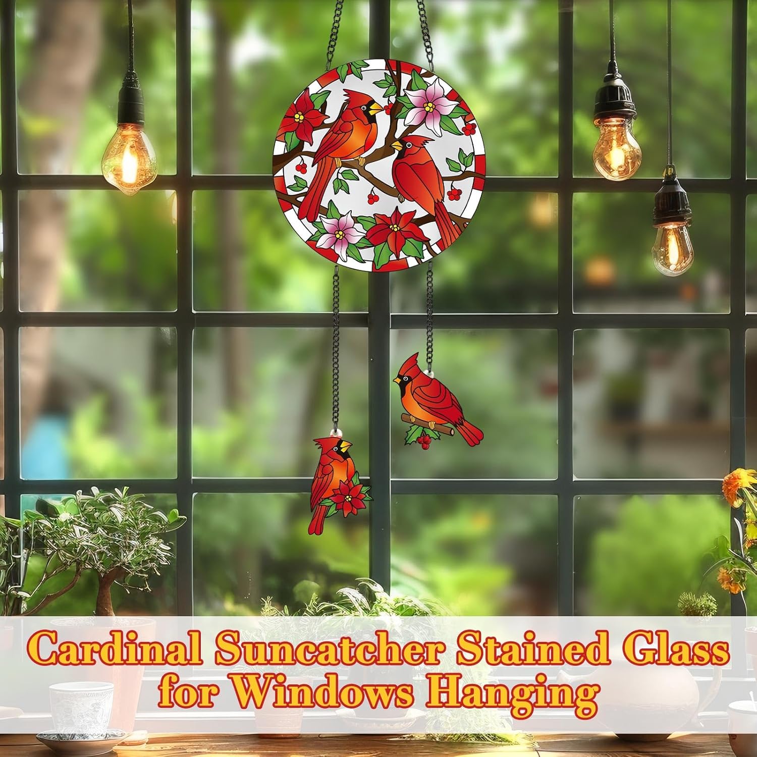 Cardinal Stained Glass Suncatcher for Window Hanging Birds 6.3" Staine