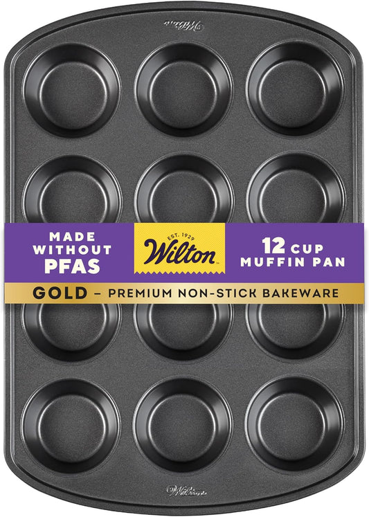 Wilton Gold Non-Stick 12 -Cup Muffin Pan, Cold-Rolled Steel Bakeware, Made without PFAS, 10.5 x 15 x 1.4 in, Packaging May Vary