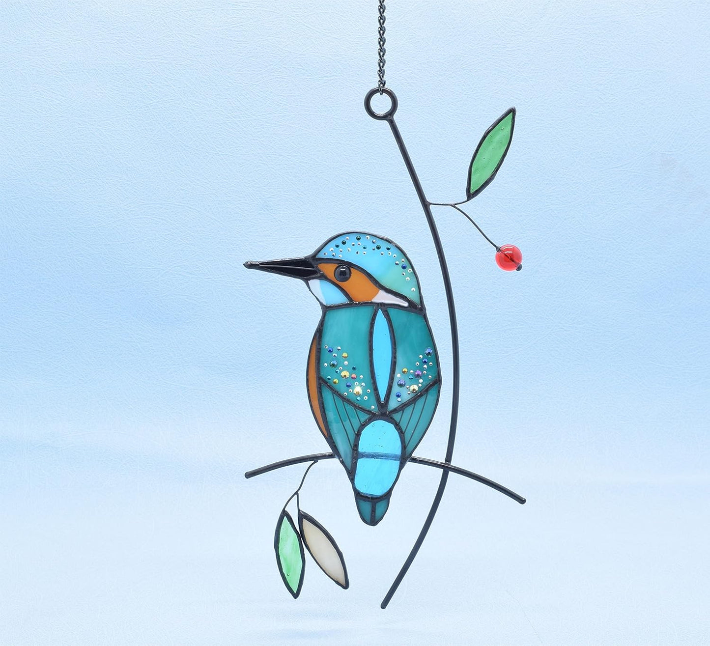 Lolitarcrafts Kingfisher Stained Glass Window Hangings Bluebird on Branch Suncatchers for Window Modern Birds Decor (Blue with Rhinestone)