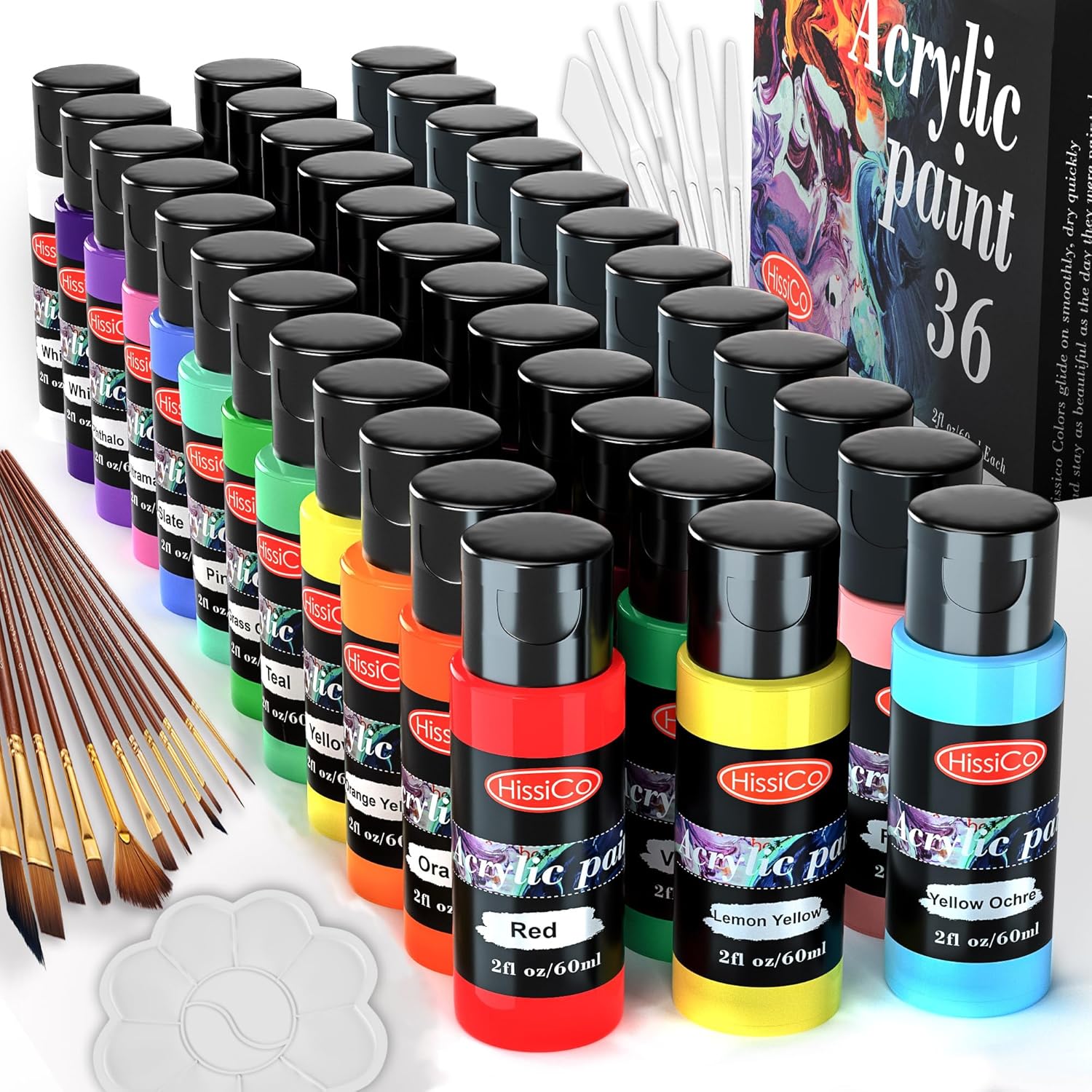 55PCS Acrylic Paint Set of 36 Colors 2fl oz 60ml Bottles 12 Brushes,No
