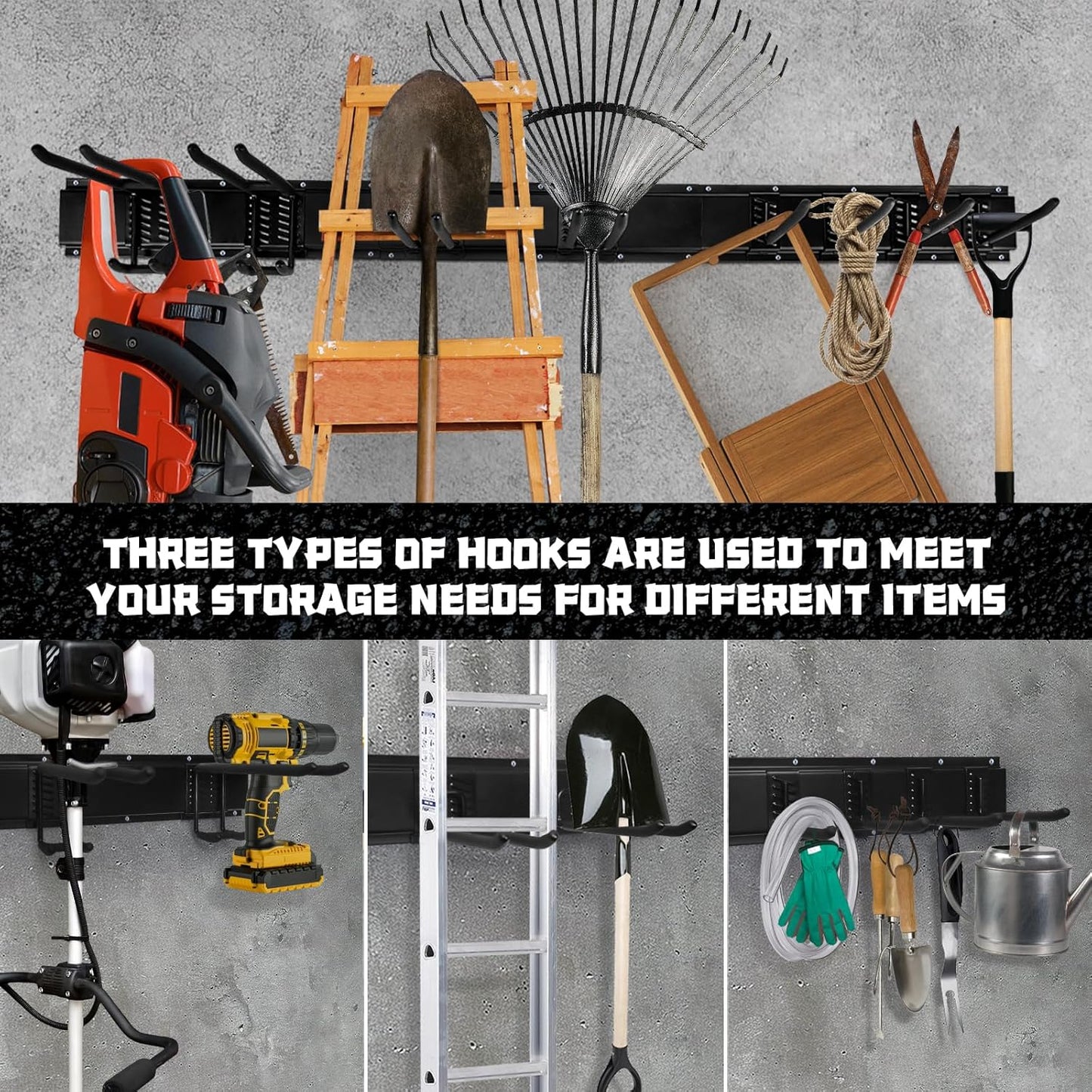 11Pcs Garage Wall Mount Tool Storage Rack - Adjustable Garden Tool Storage Hooks, Heavy Duty Utility Shed Organization Rack for Hanging Rake, Broom, Mower, Snowboard and Other Yard Tool