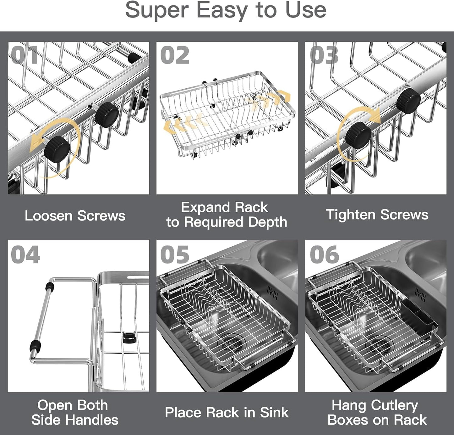 MAJALiS Expandable Stainless Steel Over The Sink Dish Drying Rack for Small Kitchen, Counter Space Saving, Hanging Compact RV Plate Drain Strainer in Silver Wire Metal with Adjustable Utensil Holder