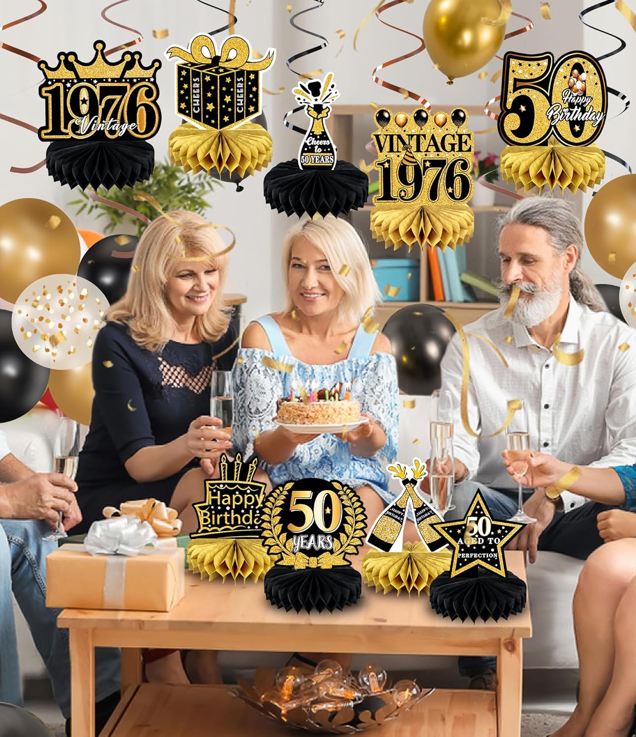 9 Pcs 50th Birthday Decoration for Men Women 50th Birthday Table Decorations Cheers to 50th Birthday Honeycomb Centerpieces Table Topper Black and Gold 50th Birthday Party Favors