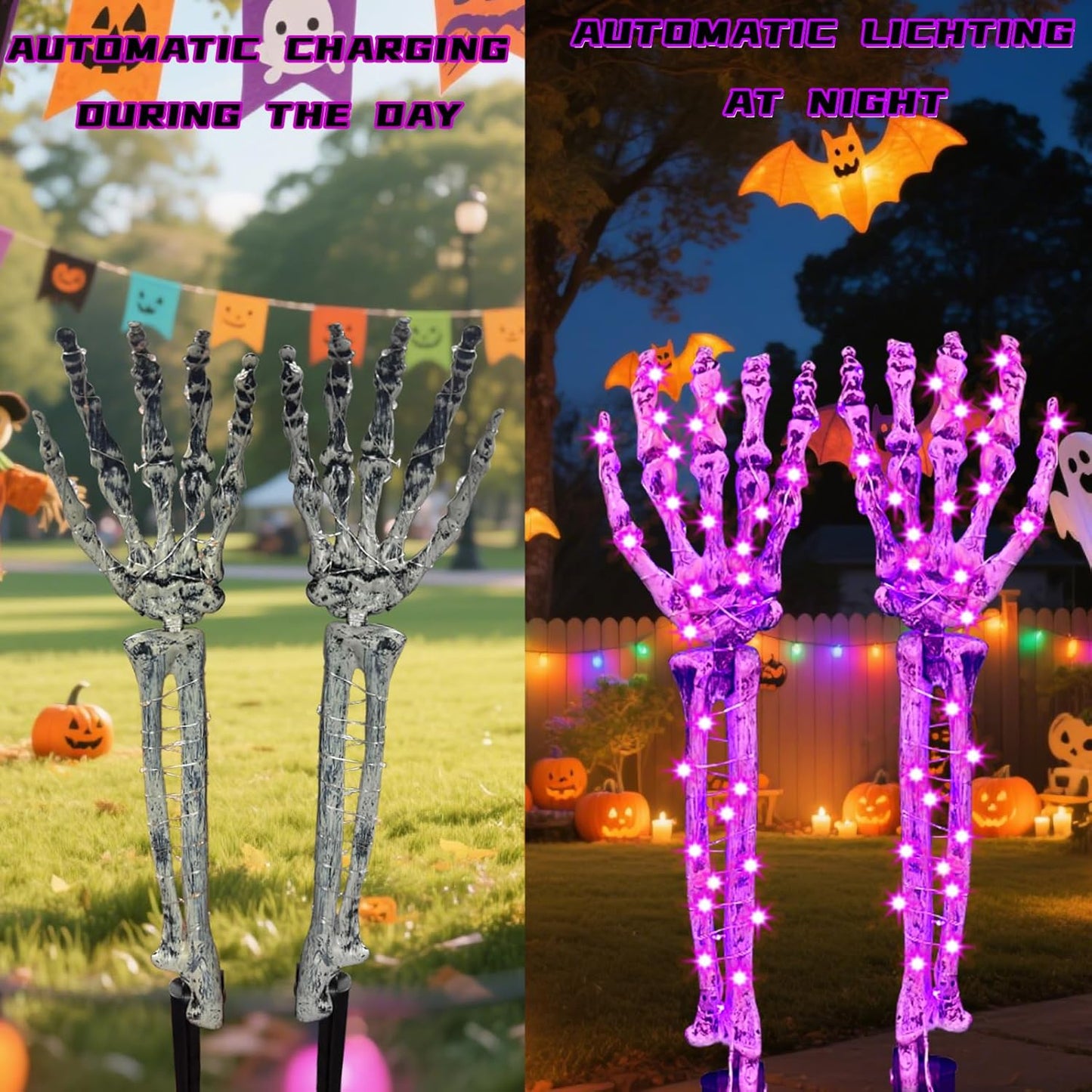 Halloween Solar Skeleton Arm Stakes with 100 Purple LED Lights, Scary LED Bone Hands with 8 Lighting Modes for Pathway Garden Outdoor Decorations
