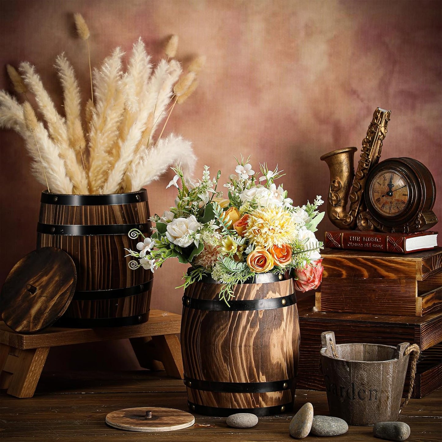 2 Pcs Wood Wine Barrel Vase Vintage Flower Vase Container Rustic Barrel Planter for Wedding Reception Table Decoration Home Indoor Outdoor Garden Kitchen Party (8 x 6.5 Inch)
