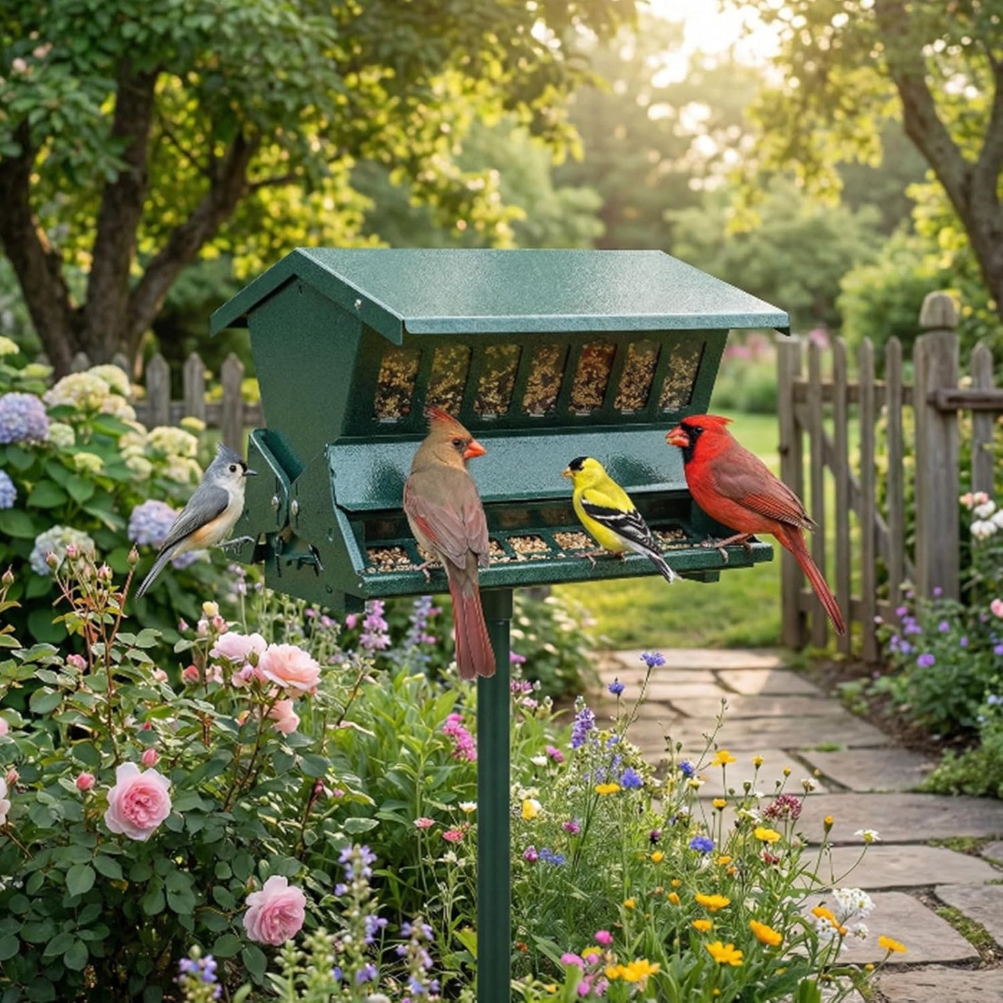 Zonon Squirrel Proof Bird Feeder Metal 12lbs Large Capacity for Cardinals Chickadees Green Bird Feeder on Pole for Outdoors