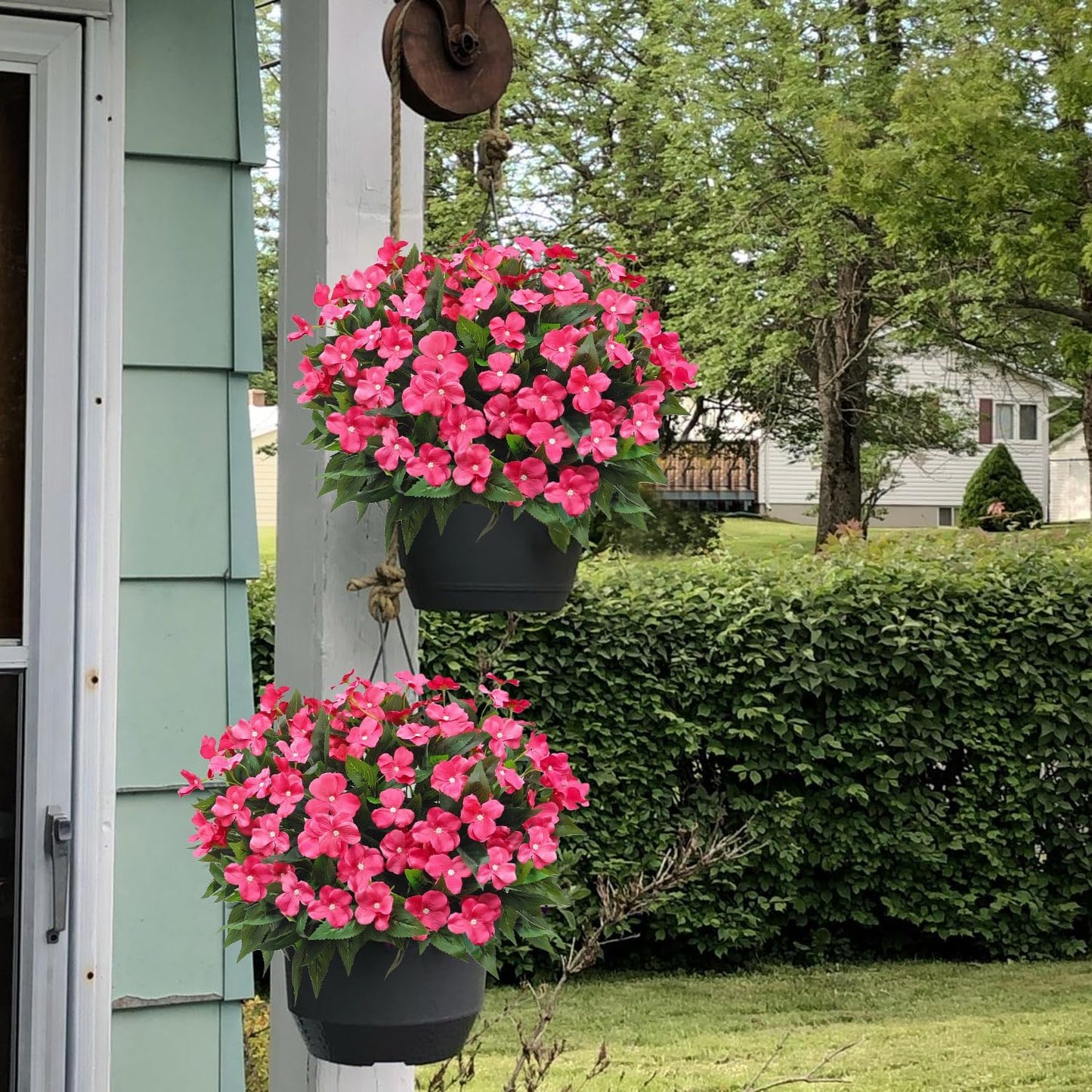 8 Bundles Artificial Impatiens for Outdoors UV Resistant Artificial Outdoor Flower Bouquet Fake Flowers Faux Plants Silk Flowers for Outside Front Porch Garden Window Box Planter Decor(Rose Red)