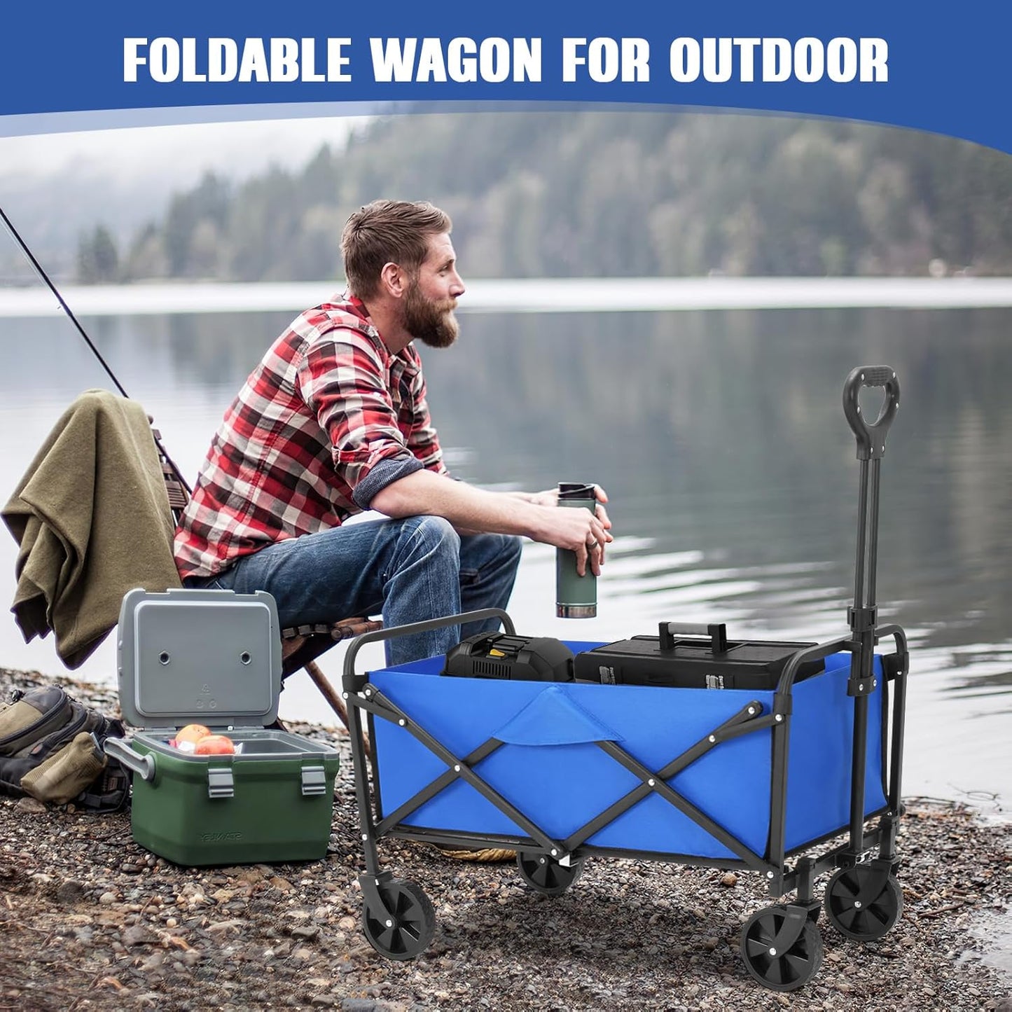 Collapsible Foldable Wagon,Wagons Carts Foldable with Wheels,Utility Grocery Folding Beach Wagon for Sand Garden Sports Shopping Outdoor(Lake Blue).