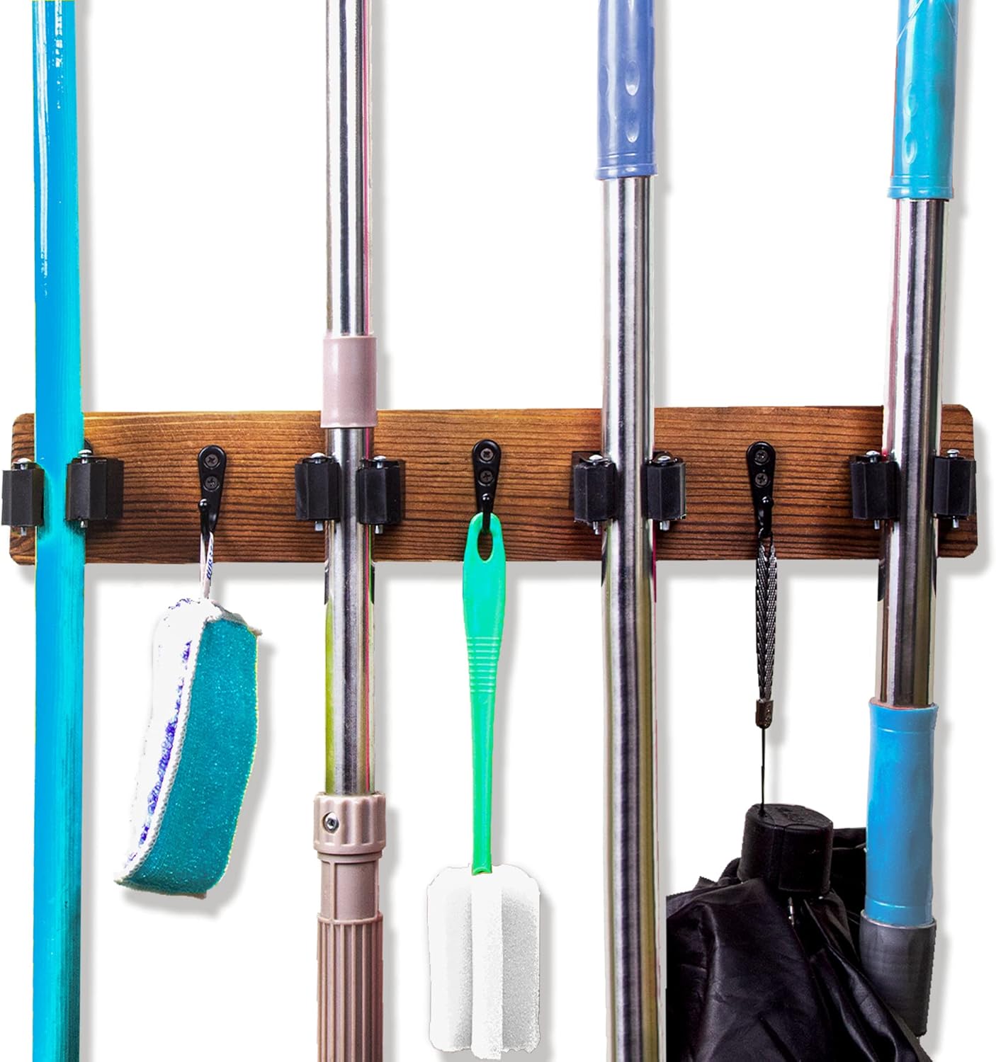 Mop and Broom Holder Wall Mount Solid Wood Broom Rack Wall Mount 4 Positions 3 Hooks for Home, Kitchen, Garden, Tools, Garage Organizing, Cleaning Supplies Organizer Indoor Outdoor