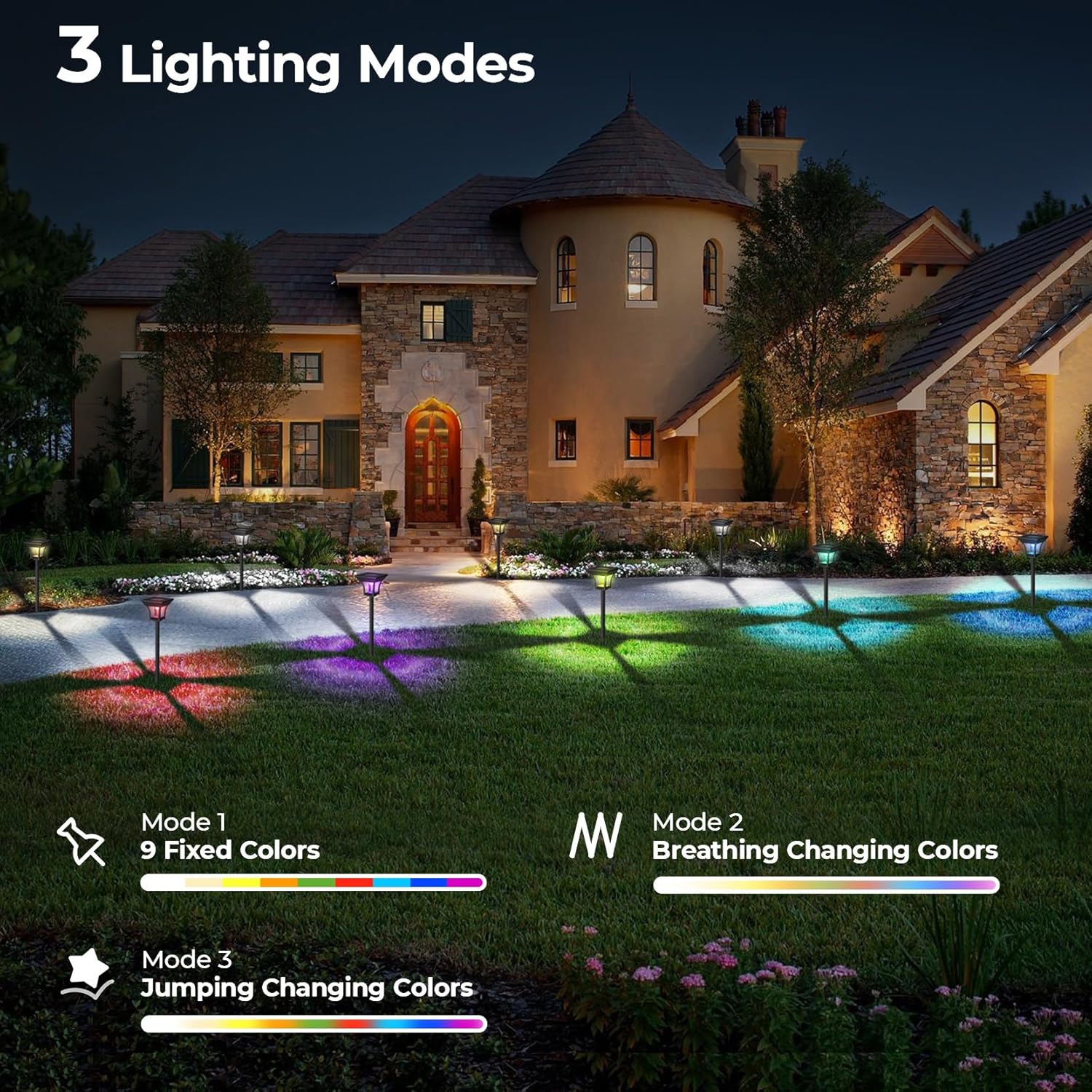 CINOTON 12 Pack RGBCW Solar Pathway Outdoor Lights, 3 Lighting Modes S