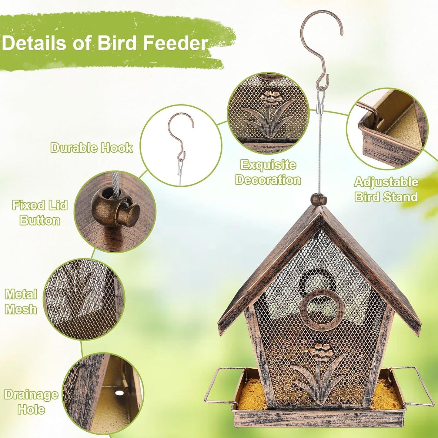 Bird Feeder, Metal Bird Feeders for Outdoors Hanging, Small Wild Birdfeeder for Outside Garden Yard Backyard, 2.5LB Capacity