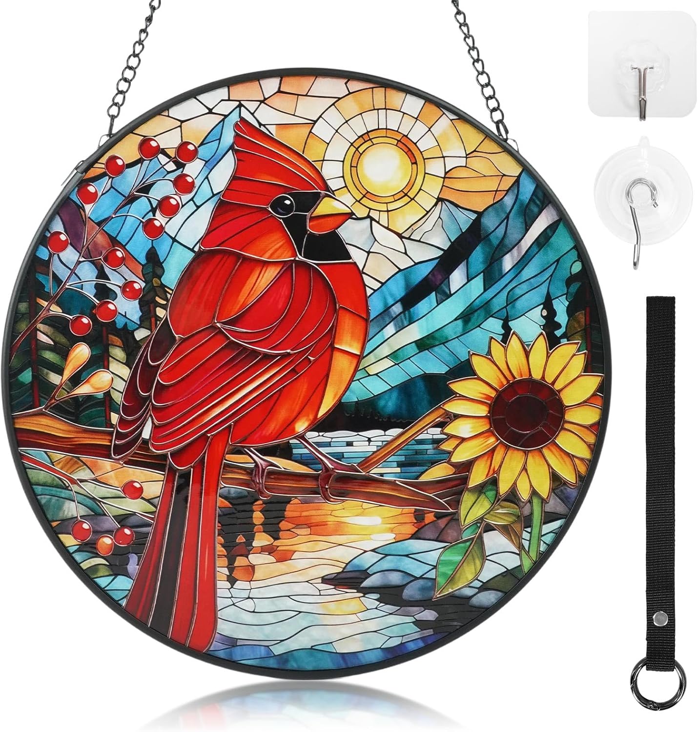 Cardinal Stained Glass Window Hanging with Sunflower, 7.9-Inch Suncatcher for Windows, Cardinal Gifts for Women, for Bird Lovers