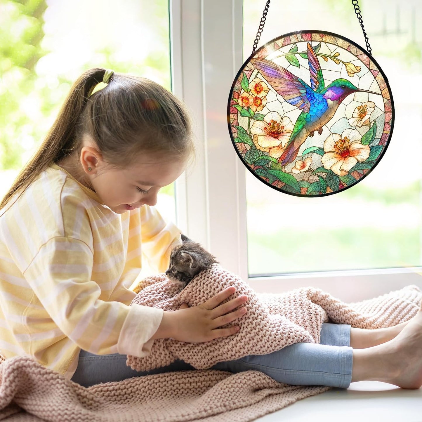 7.8 Inch Stained Glass Window Hanging Hummingbird Flower Sun Catcher Indoor Window Door Wall Yard Home Decor Bird Ornament Colorful Glass Panel Suncatcher Gifts for Women Men Mom Grandma Bird Lovers