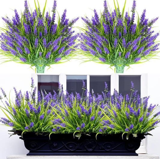 24 Bundles Artificial Lavender，Plants, Outdoor Fake Plants Spring Grass with Flowers for Pot UV Resistant Garden Decor for Garden Patio Hanging Planter Pathway Front Porch Purple