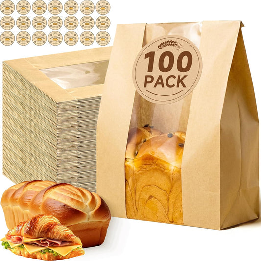 Tripho 100 Pcs Bread Bags for Homemade Bread with Clear Window & 120 Stickers, Sourdough Bread Bags for Storage of Bread,Cookies & Snacks, Large Bakery Paper Bags