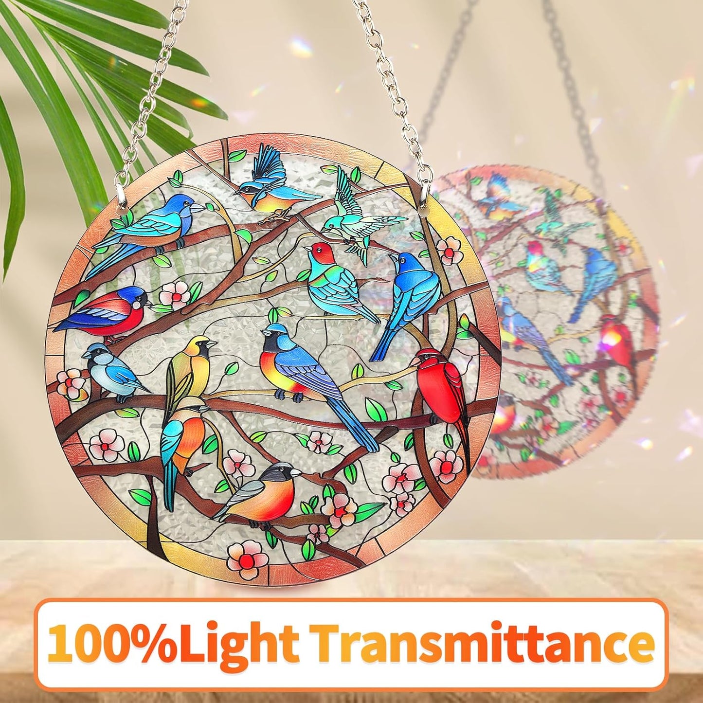 Stained Glass Window Hanging Suncatcher – Hand-Drawn Cardinal & Hummingbird Panel, Round Glass Ornament, Birds on a Branch Nature Decor, Colorful Gift for Bird Lovers, Family, and Friends (6 inch)