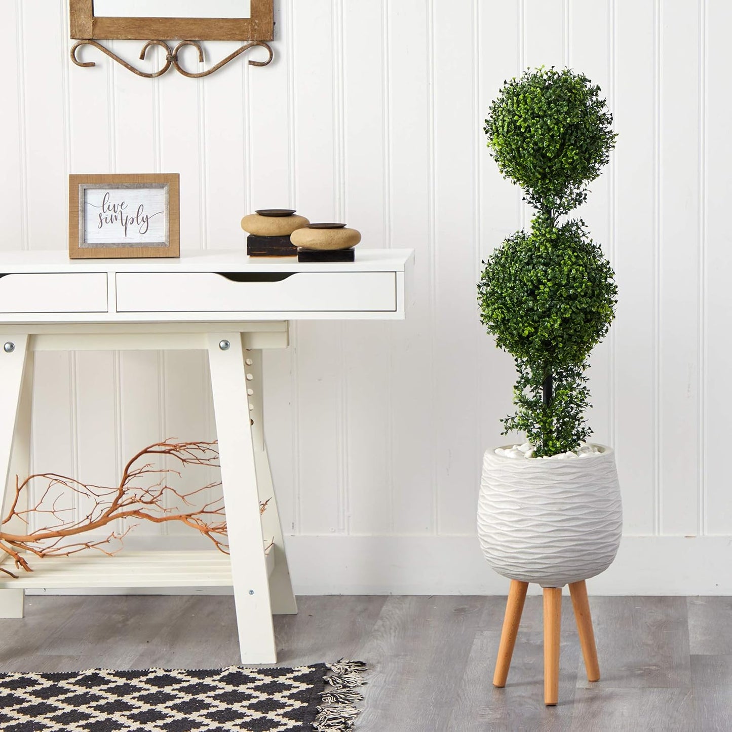 Nearly Natural 4ft. Boxwood Double Ball Topiary Artificial Tree in White Planter with Stand (Indoor/Outdoor)