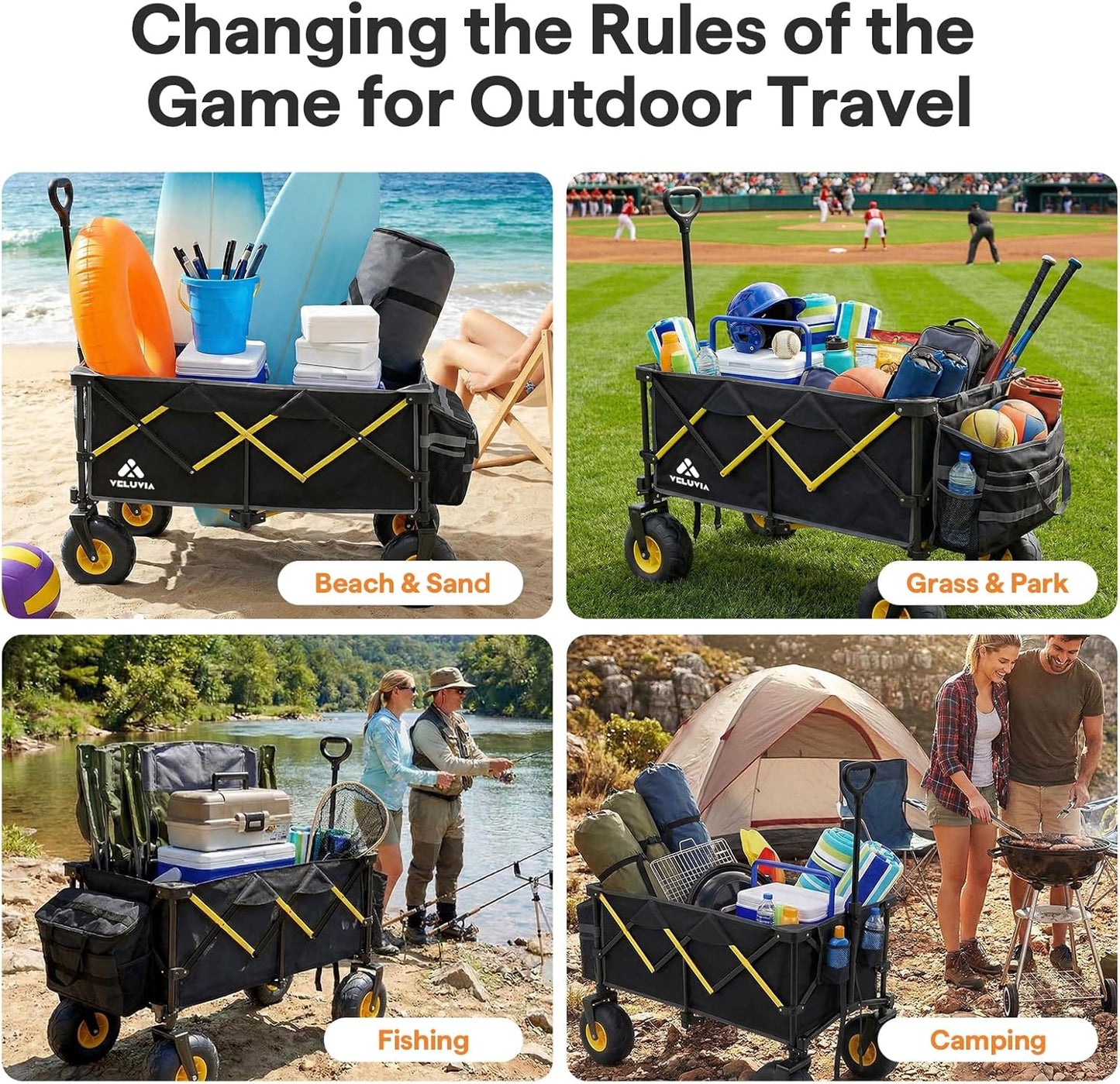 Beach Wagon with Big Wheels - Heavy Duty Foldable All Terrain Cart with 9" Balloon Wheels for Sand - Large Collapsible Beach Dolly with Upgraded Sand Tires & Detachable Cooler Bag, Black