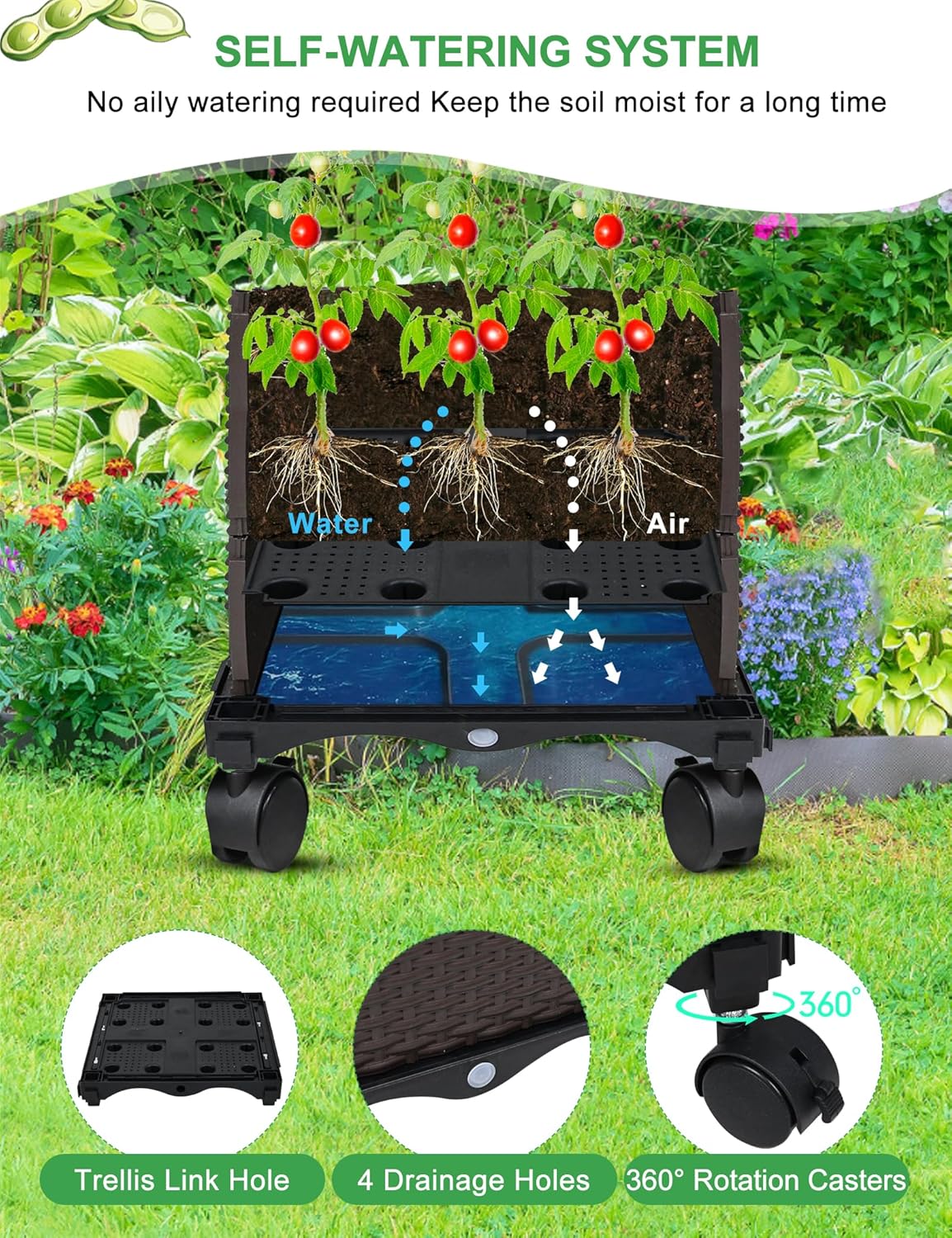 Raised Garden Bed Planter Box with Trellis, 51” Self-Watering Tomato Planter Boxes with Wheels for Climbing Plants, Tomato Cage for Patio Greenhouse Gardening Indoor Outdoor， 2 Pack