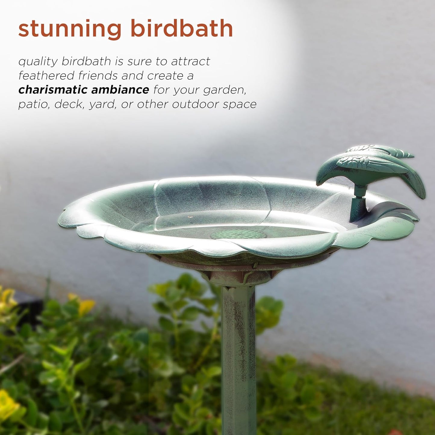 Alpine Corporation 31" Tall Outdoor Antique Flower Birdbath with Bird Decoration Yard Statue, Durable Polypropylene Construction for Patio, Deck, or Yard, Green