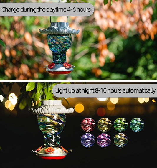 Solar Hummingbird Feeder for Outdoors Hanging Ant and Bee Proof, 25oz Color Changing Light Hand Blown Glass, Leakproof Garden Decor, Gitfs for Bird Lover (Blue)