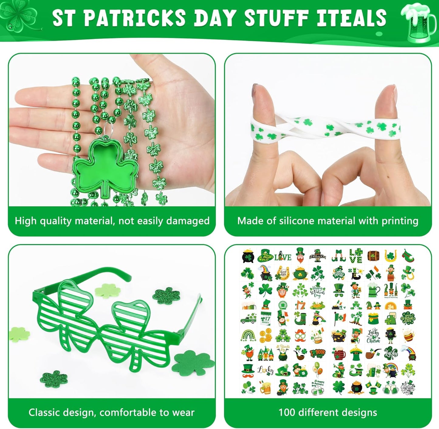 140PCS St Patricks Day Accessories, St. Patrick's Day Glasses Bracelets Tattoos Beads, Irish Glasses Bracelets Tattoos Beads Stuff Bulk, Shamrock Saint Patricks Parade Throw Party Favor Decor