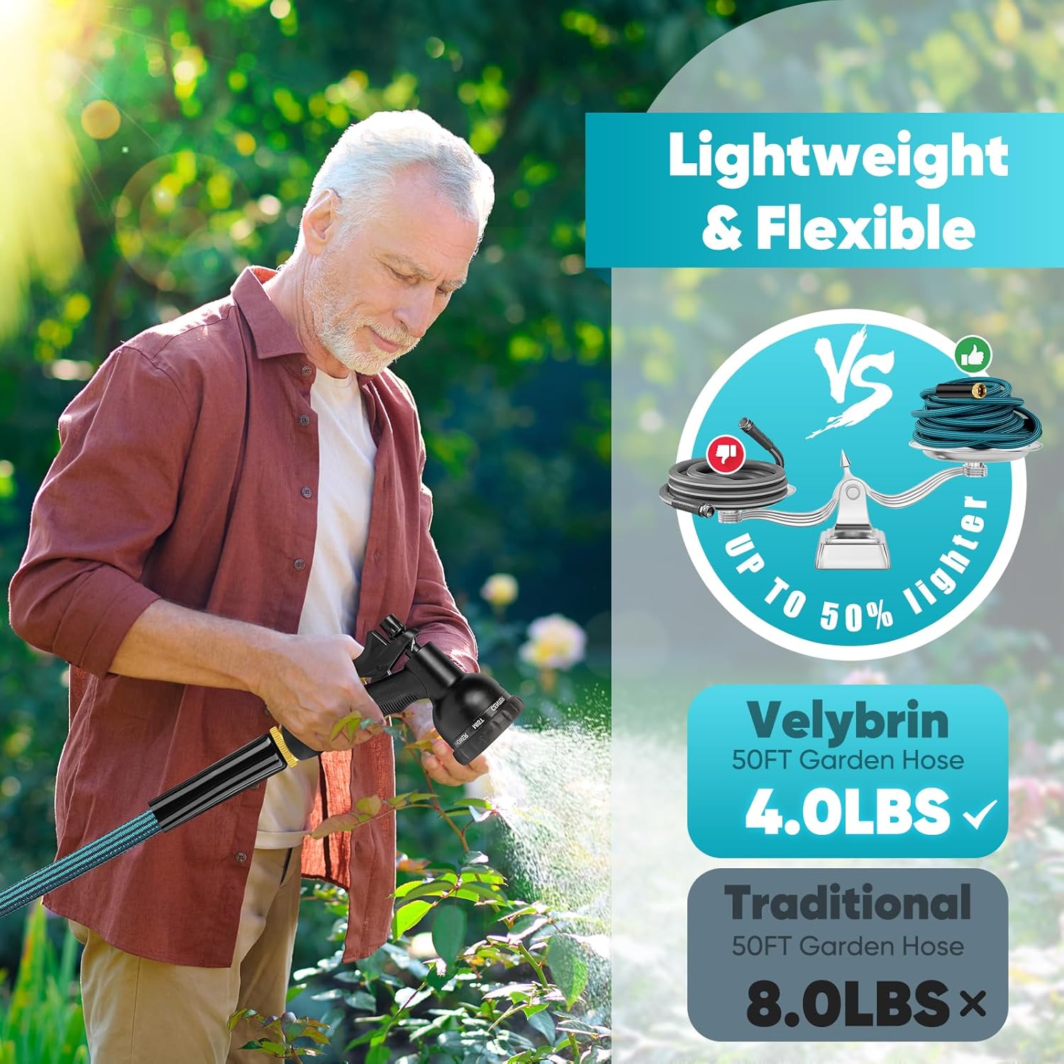 Garden Hose 50ft, Non-Expanding Water Hose Ultra Lightweight, Kink-Fre