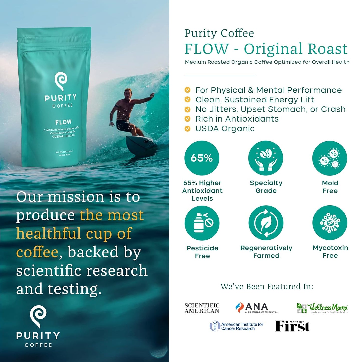 Purity Coffee FLOW Original Medium Roast Whole Bean (12oz Bag) | Specialty-Grade USDA Organic Arabica Blend | Third Party Tested for Mold, Mycotoxins & Pesticides
