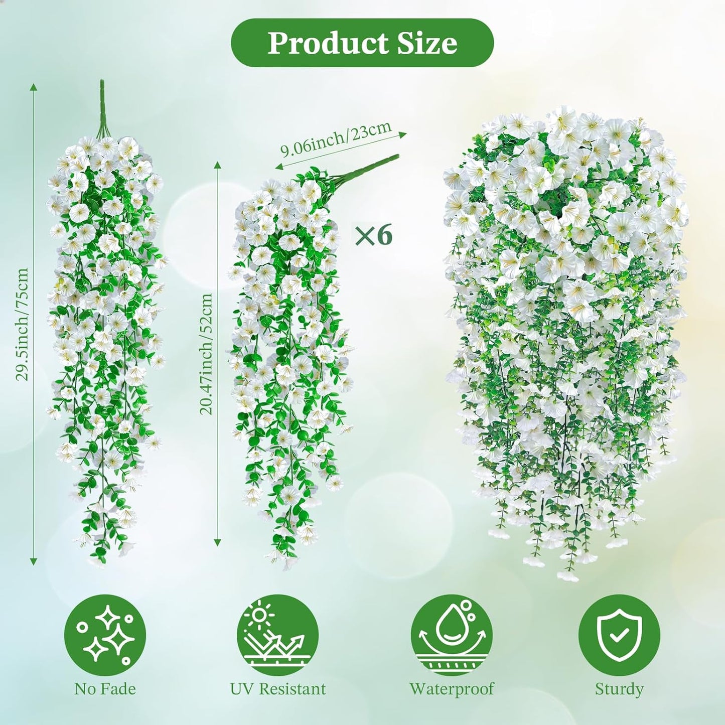 Artificial Hanging Flowers for Outdoors, 6Pcs UV Resistant Faux Silk Morning Glory Flowers, Artificial Fake Plants Trailing Vines for Porch Patio Balcony Yard Garden Farmhouse (White)