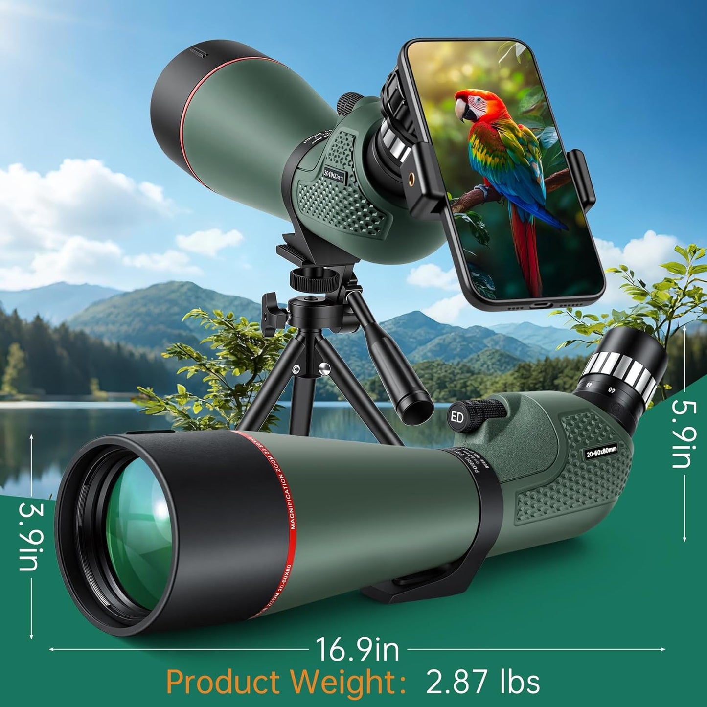 20-60x80 HD Spotting Scope | Waterproof & Fogproof High-Powered Telescope for Long-Distance Birdwatching, Target Shooting, Astronomy | Included Phone Adapter & Tripod & Carry Bag