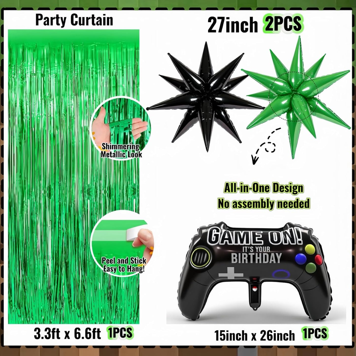 Pixel Gamer Birthday Decorations for Boys– All in One Party Decor Kit with Authentic Biome Colors (Cocoa Brown, Jungle Green, Black) – Includes TNT & Controller Foil Balloons, Backdrop, and Tablecloth