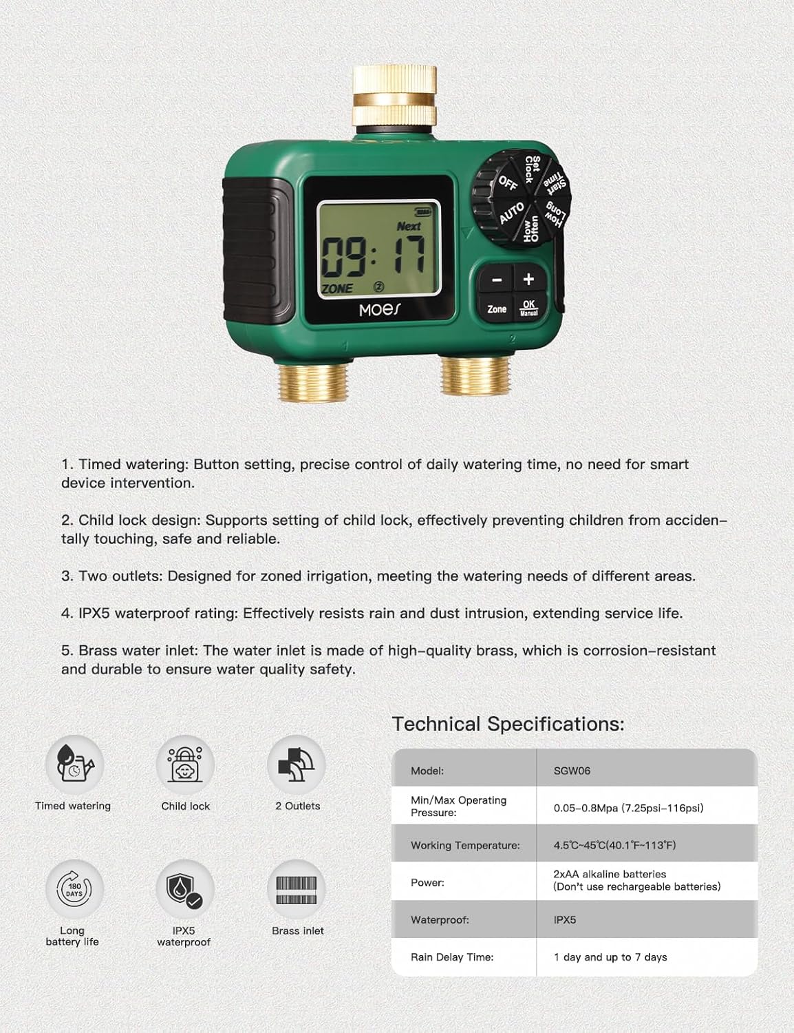 MOES 2 Outlet Sprinkler Timer, Brass Inlet & Outlet, Programmable Auto