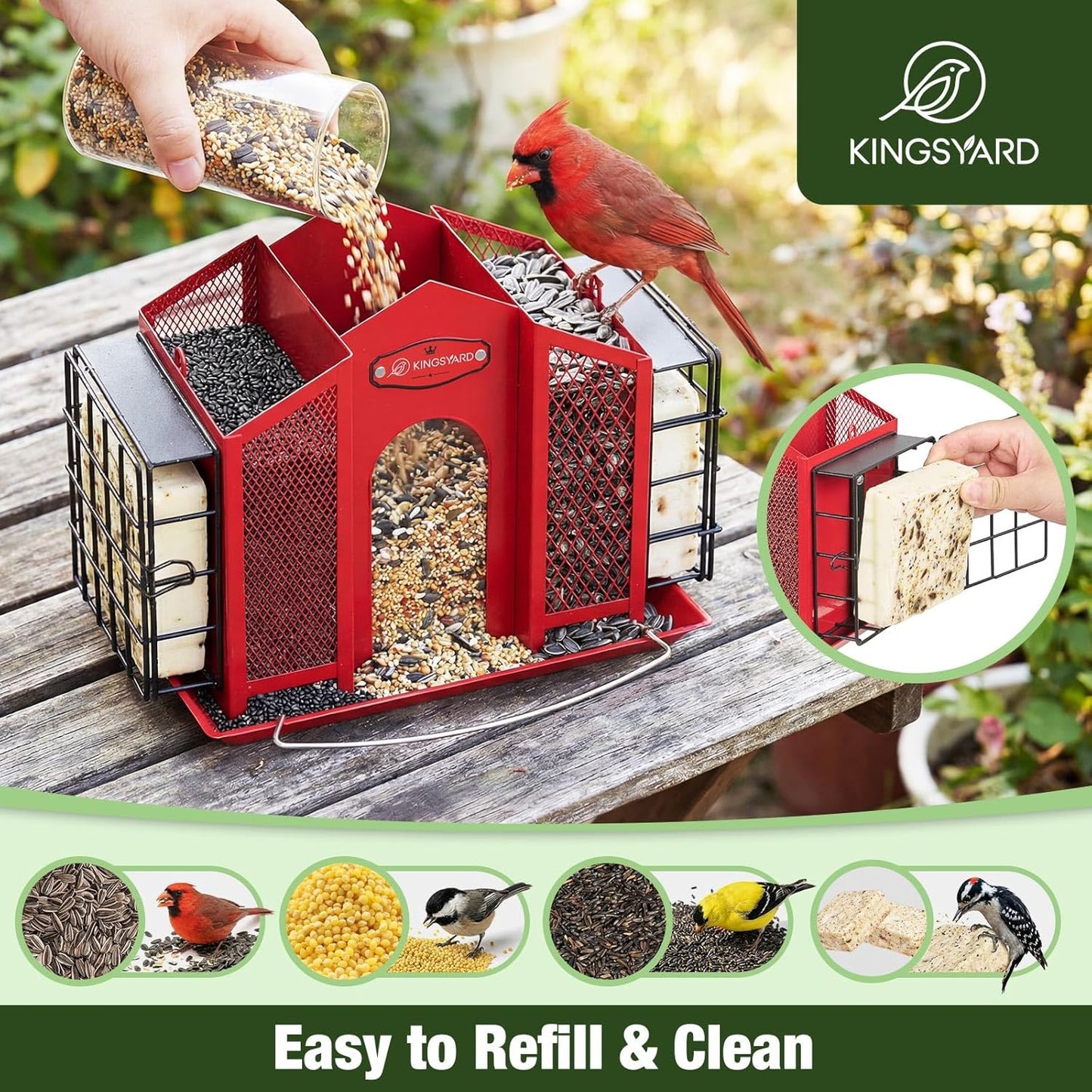 Kingsyard Large Metal Bird Feeders for Outdoors Hanging with Double Suet Cage Weatherproof Roof, 4 in 1 Suet Feeder for Woodpecker, 4 Lbs Capacity Bird Feeder House for Cardinal Finch Chickadee, Red