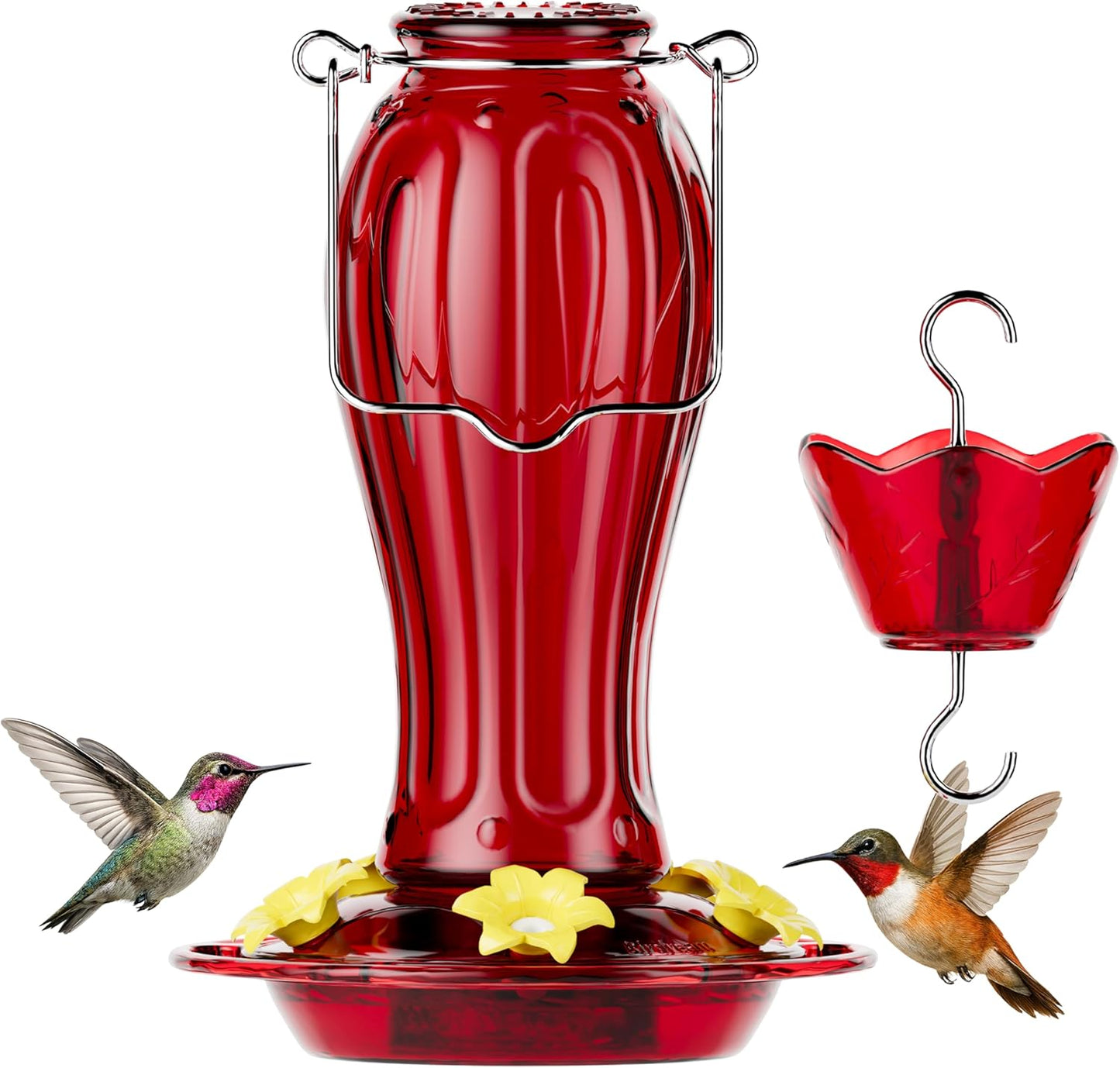 Birdream Glass Hummingbird Feeder for Outdoors, 18oz Hanging Nectar Holder with Ant Moat 5 Feeding Ports, Decorative Bird Feeder for Garden Patio Backyard, All Red
