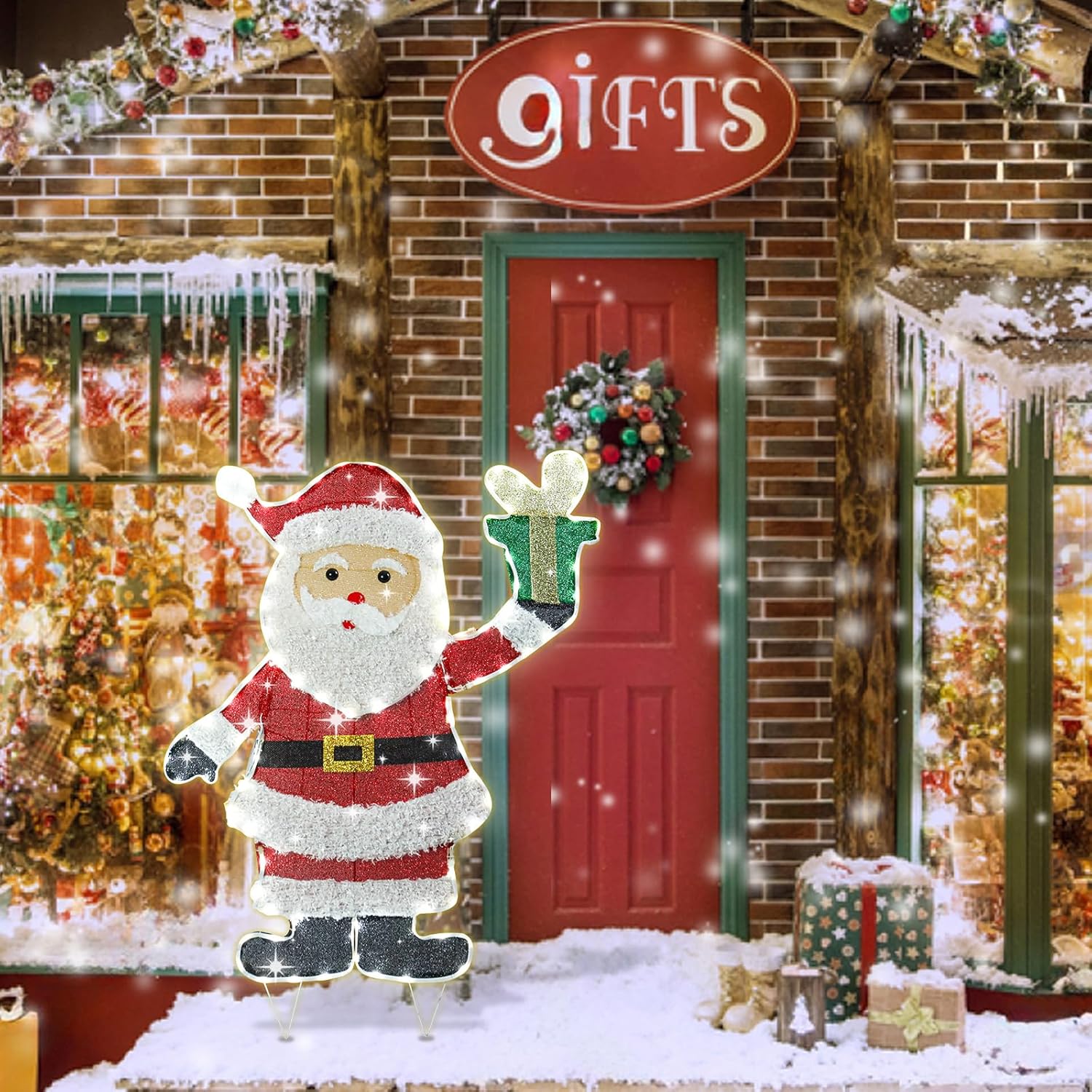 Lighted Santa Claus Christmas Decorations, Pre Lit White Neon Light Sa