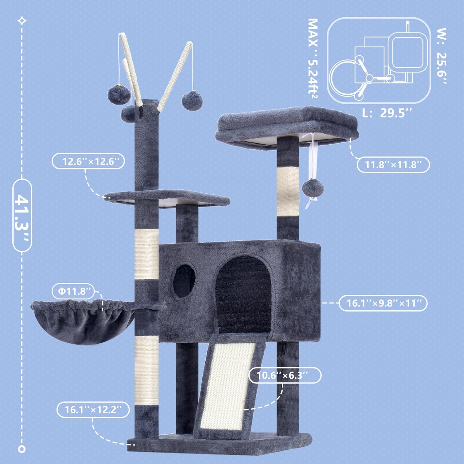 Hey-brother Cat Tree Tower, Scratching Posts with Removable Toys, Cozy