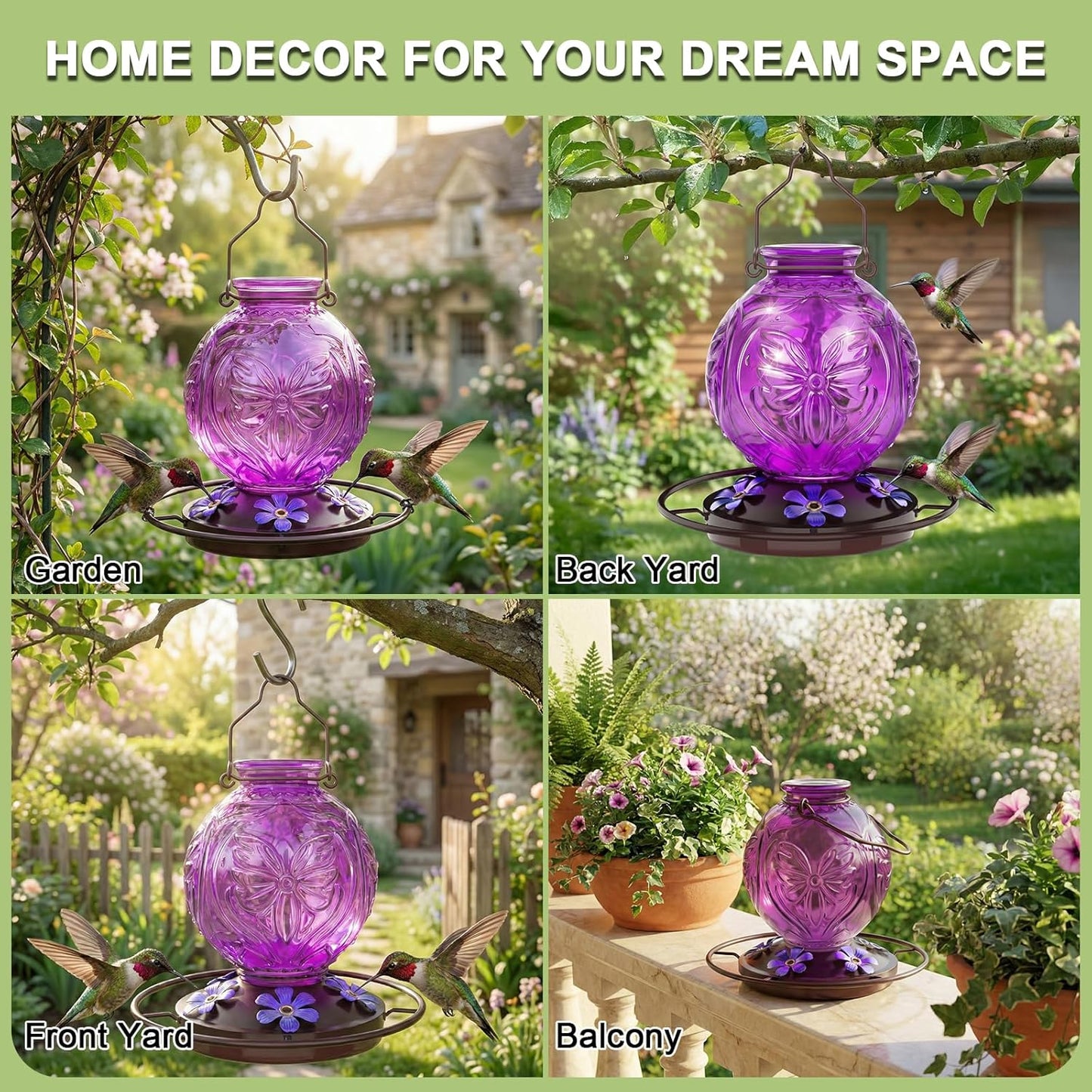 Glass Hummingbird Feeder for Outdoors Hanging, 25Oz Humming Bird Necta