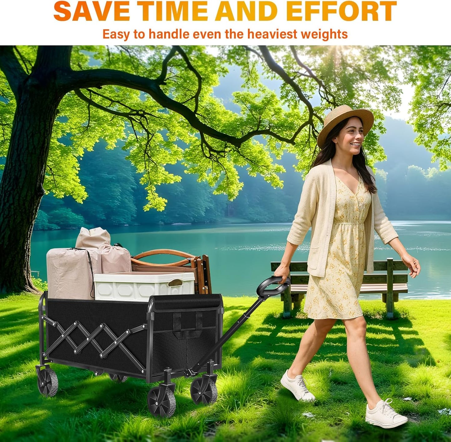 Wagons Carts Foldable, Collapsible Wagon with 360lbs Weight Capacity, Heavy Duty Folding Utility Garden Cart with All-Terrain & Drink Holders for Grocery, Camping, Sports, Shopping and Garden