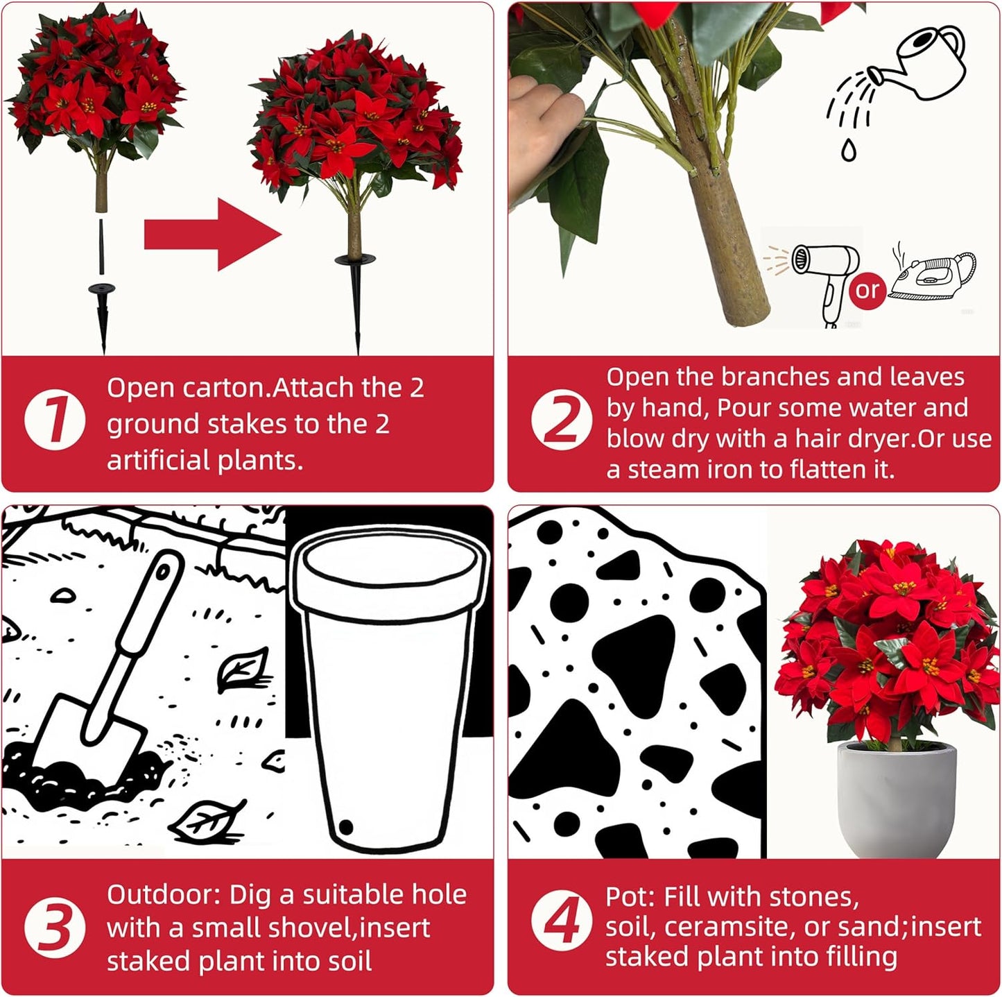 2 Pack 24.5-Inch Artificial Poinsettia Flowers with Ground Spike, Christmas Topiary Balls Trees, Faux Poinsettias Bush,Fake Poinsettia UV Realistic for Outdoor Porch Home Patio Christmas Decor